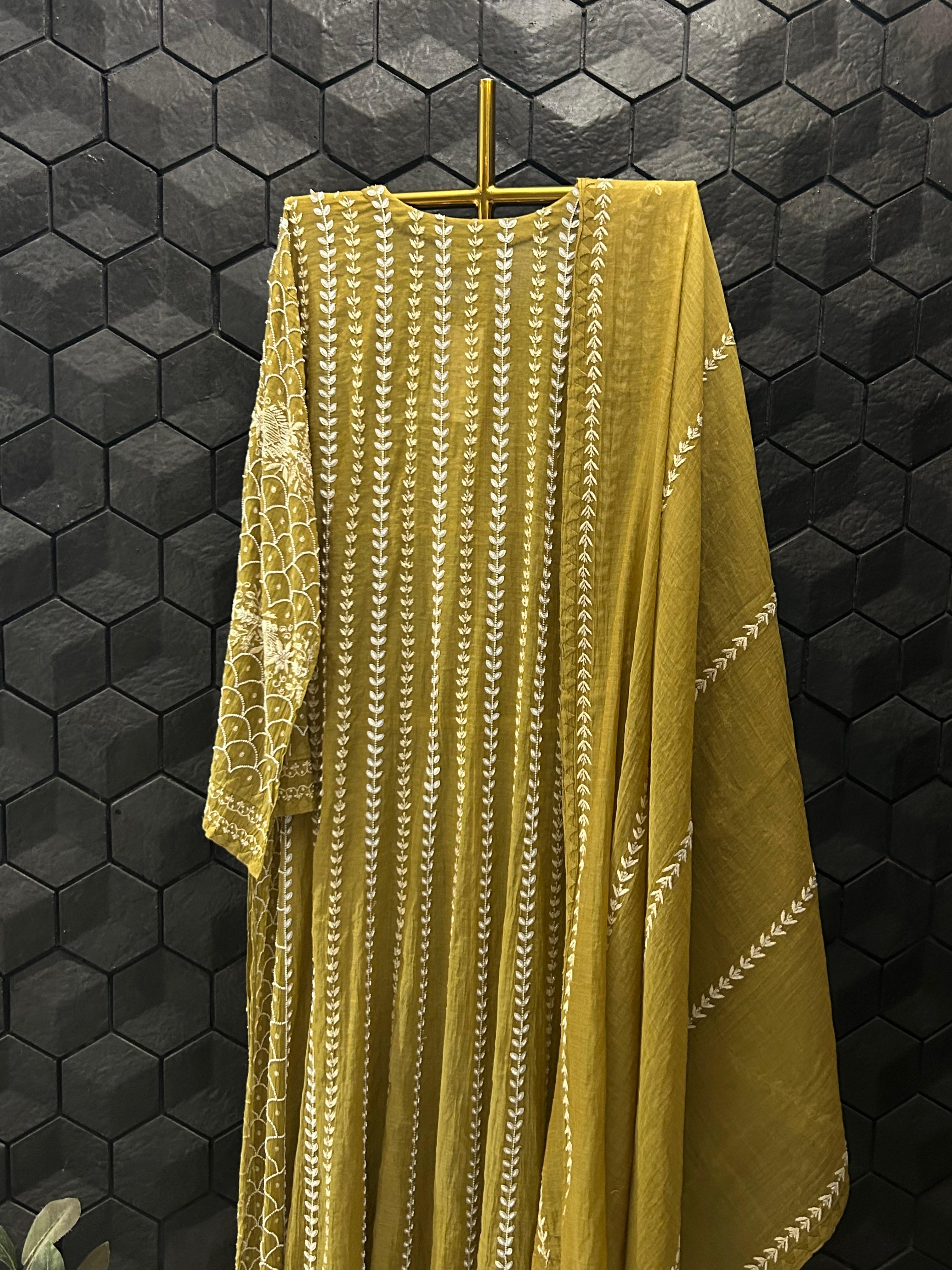 Mehendi Green Tissue Chikankari Anarkali Set