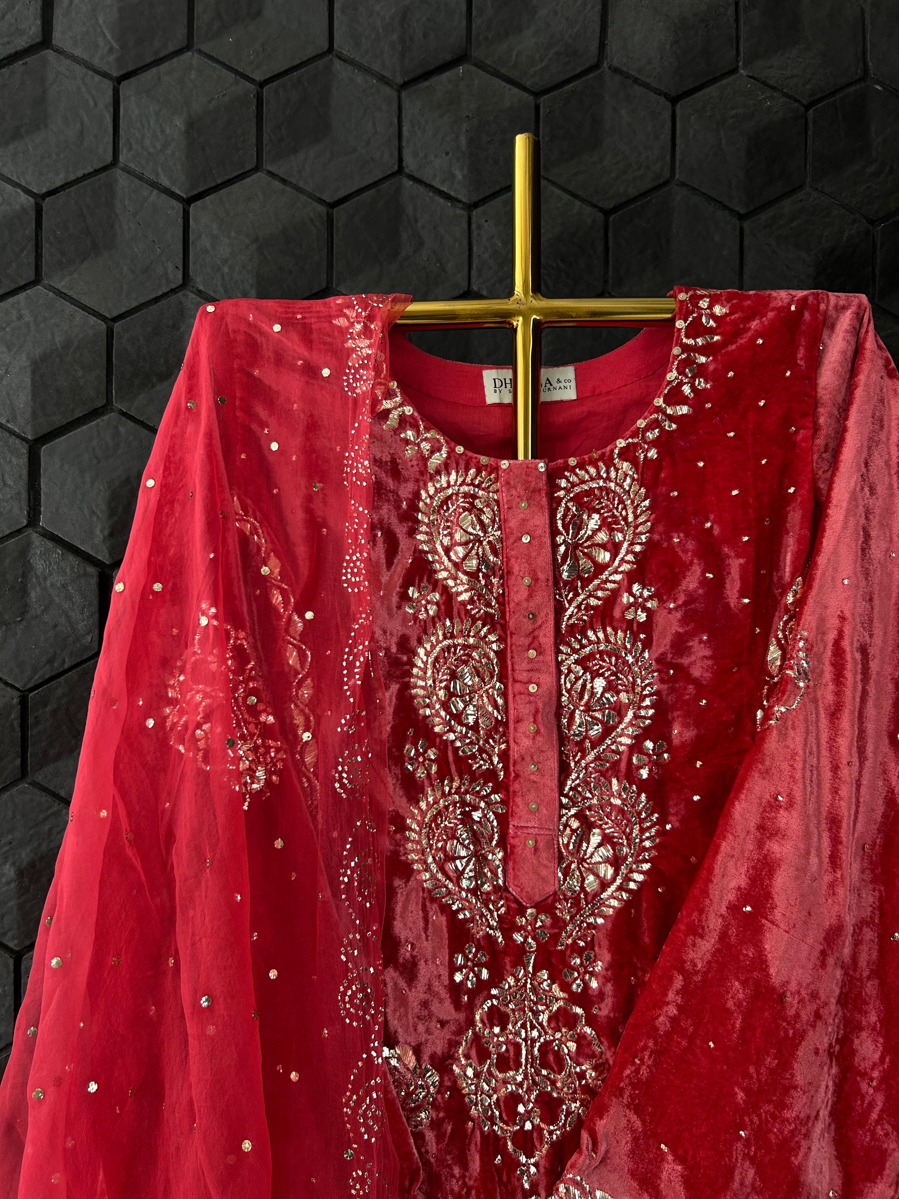 Red Velvet Mukaish Suit Set