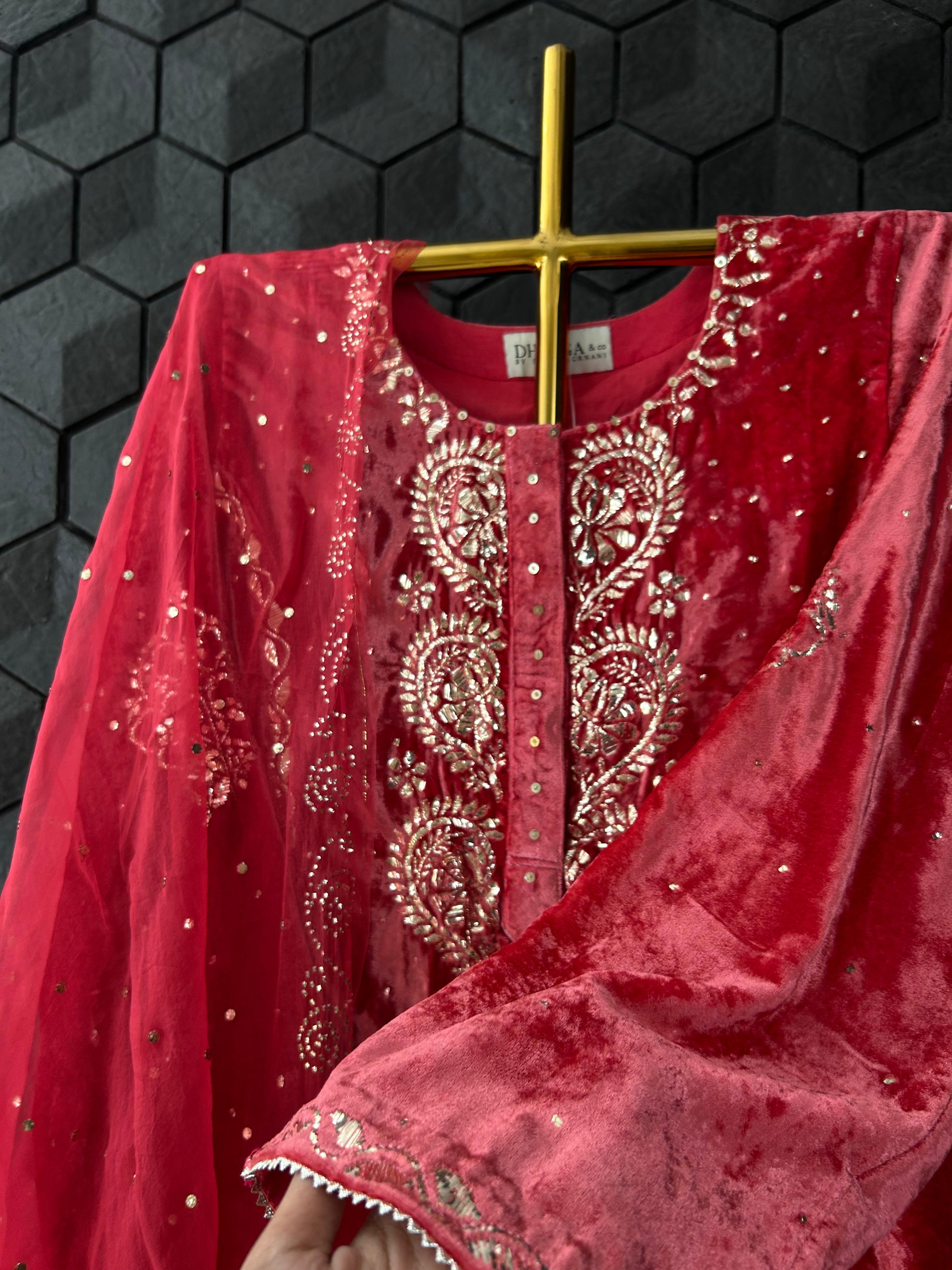 Red Velvet Mukaish Suit Set