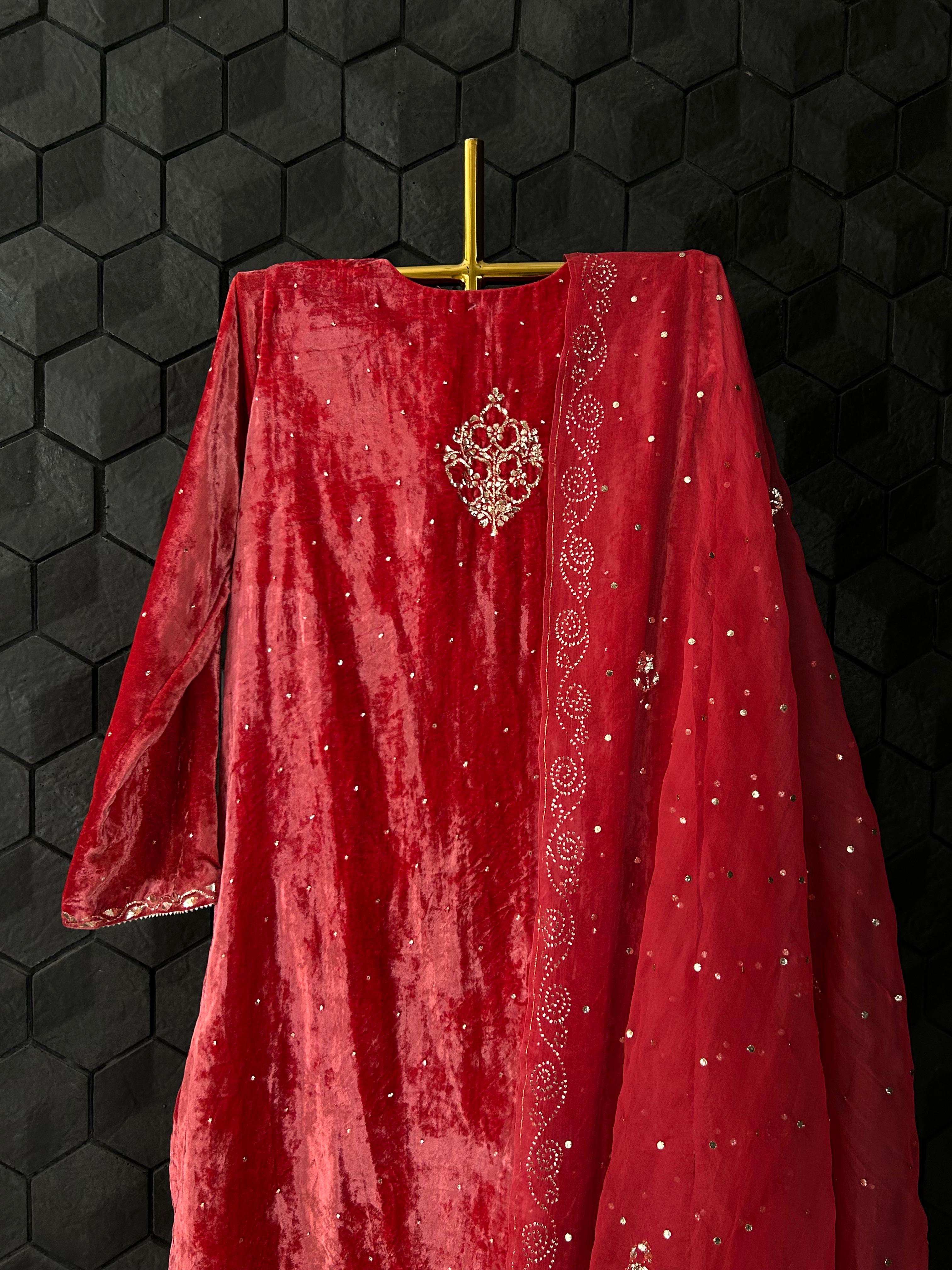 Red Velvet Mukaish Suit Set