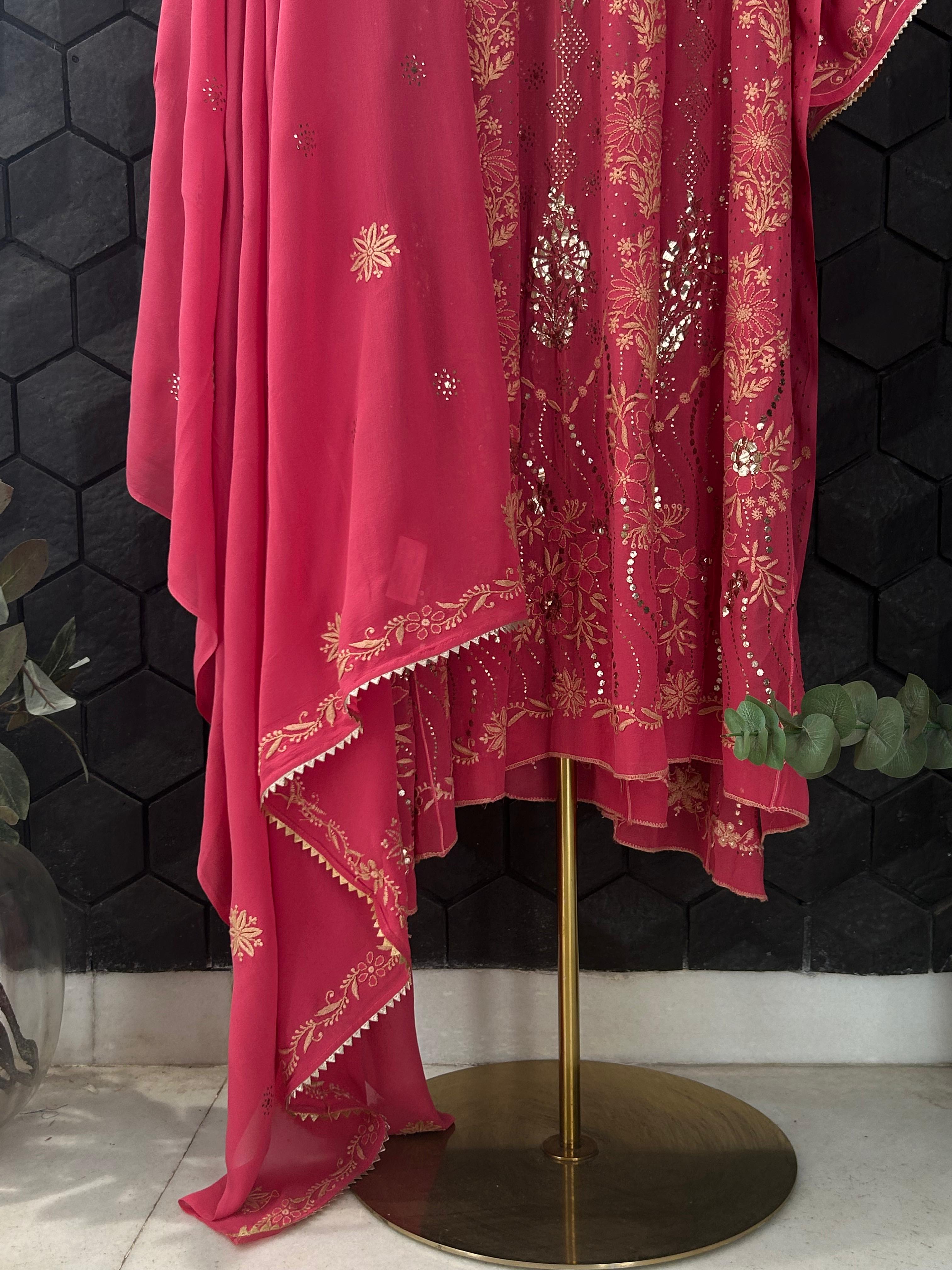 Magenta Georgette Chikankari Mukaish Anarkali Set