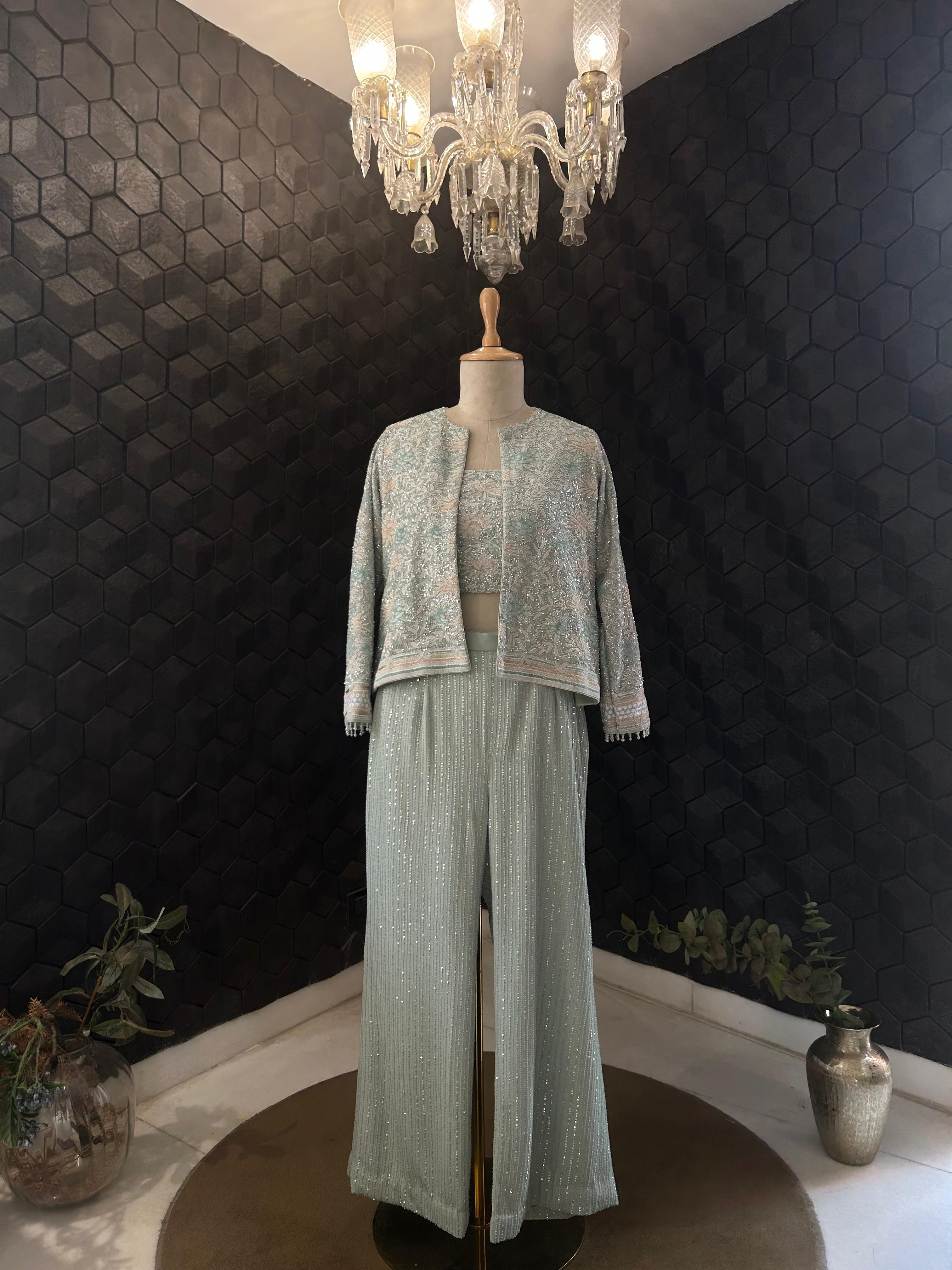 Premium Green Georgette Chikankari Gilet Co-ord Set