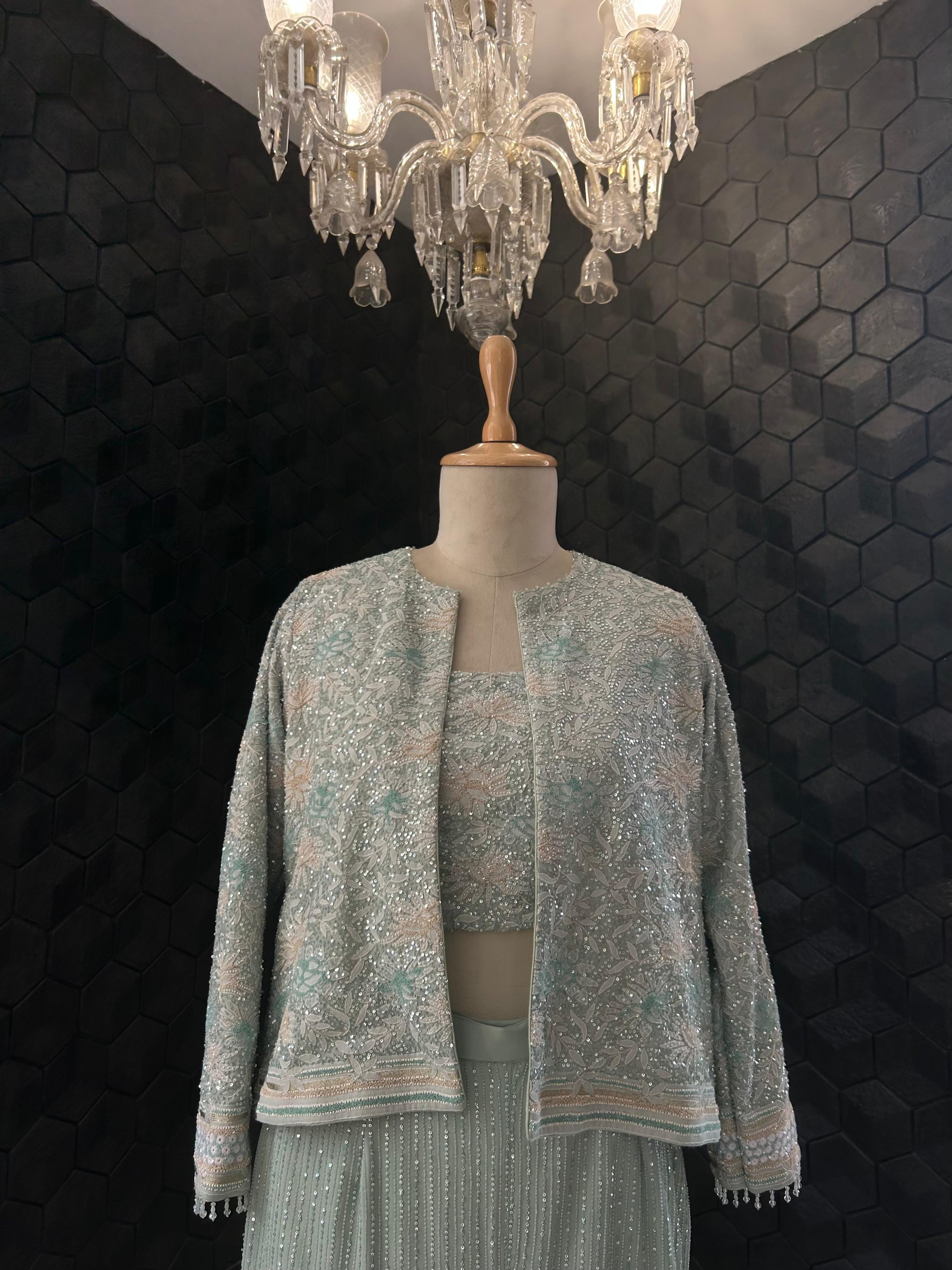 Premium Green Georgette Chikankari Gilet Co-ord Set