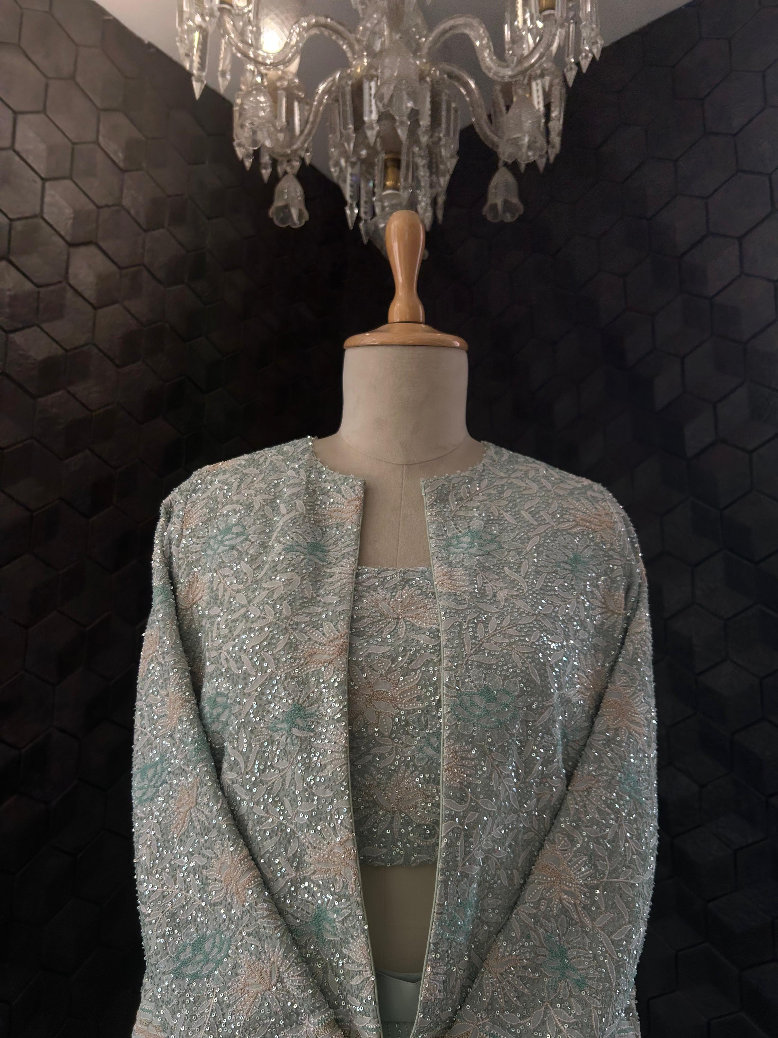 Premium Green Georgette Chikankari Gilet Co-ord Set
