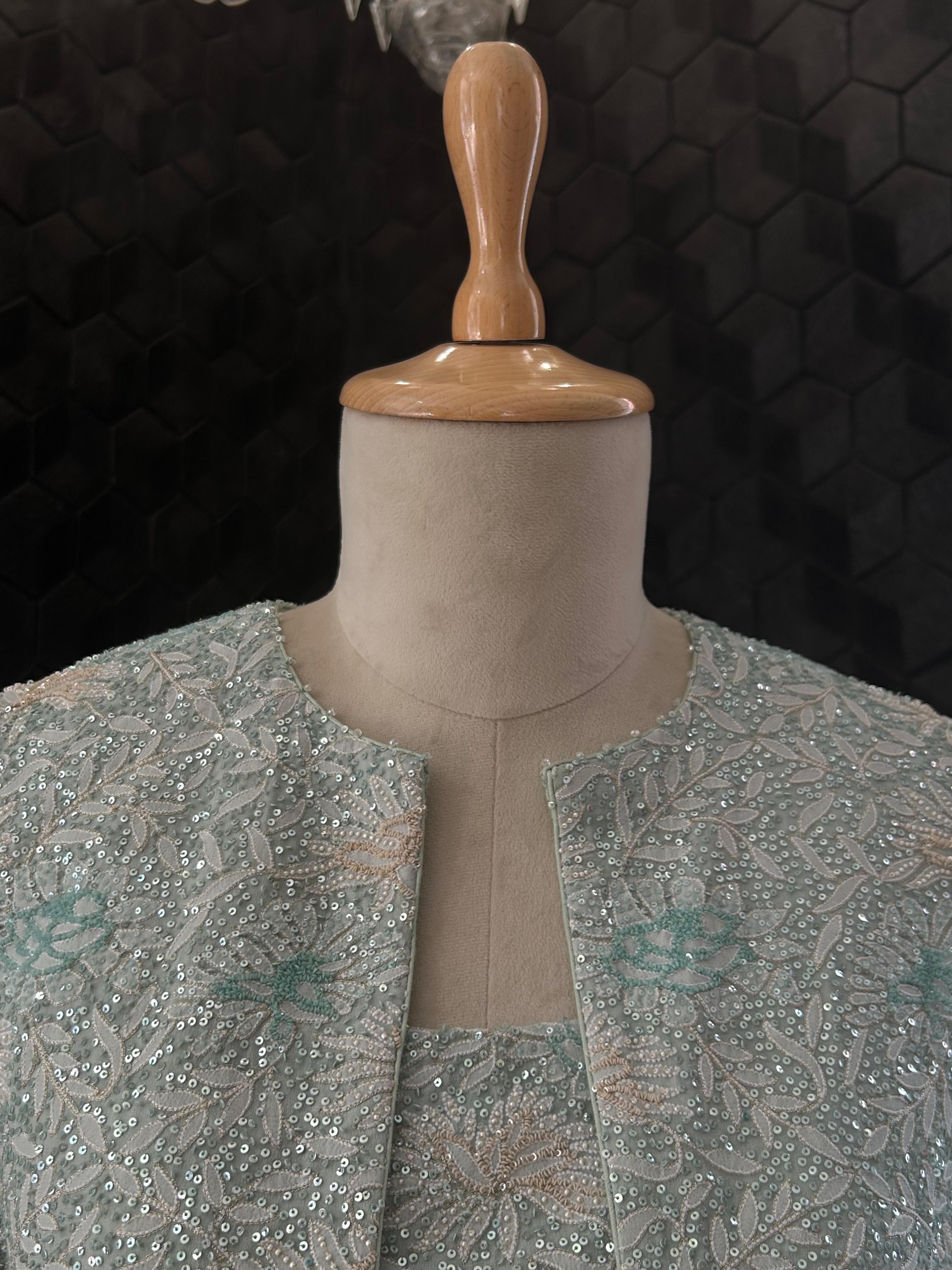 Premium Green Georgette Chikankari Gilet Co-ord Set