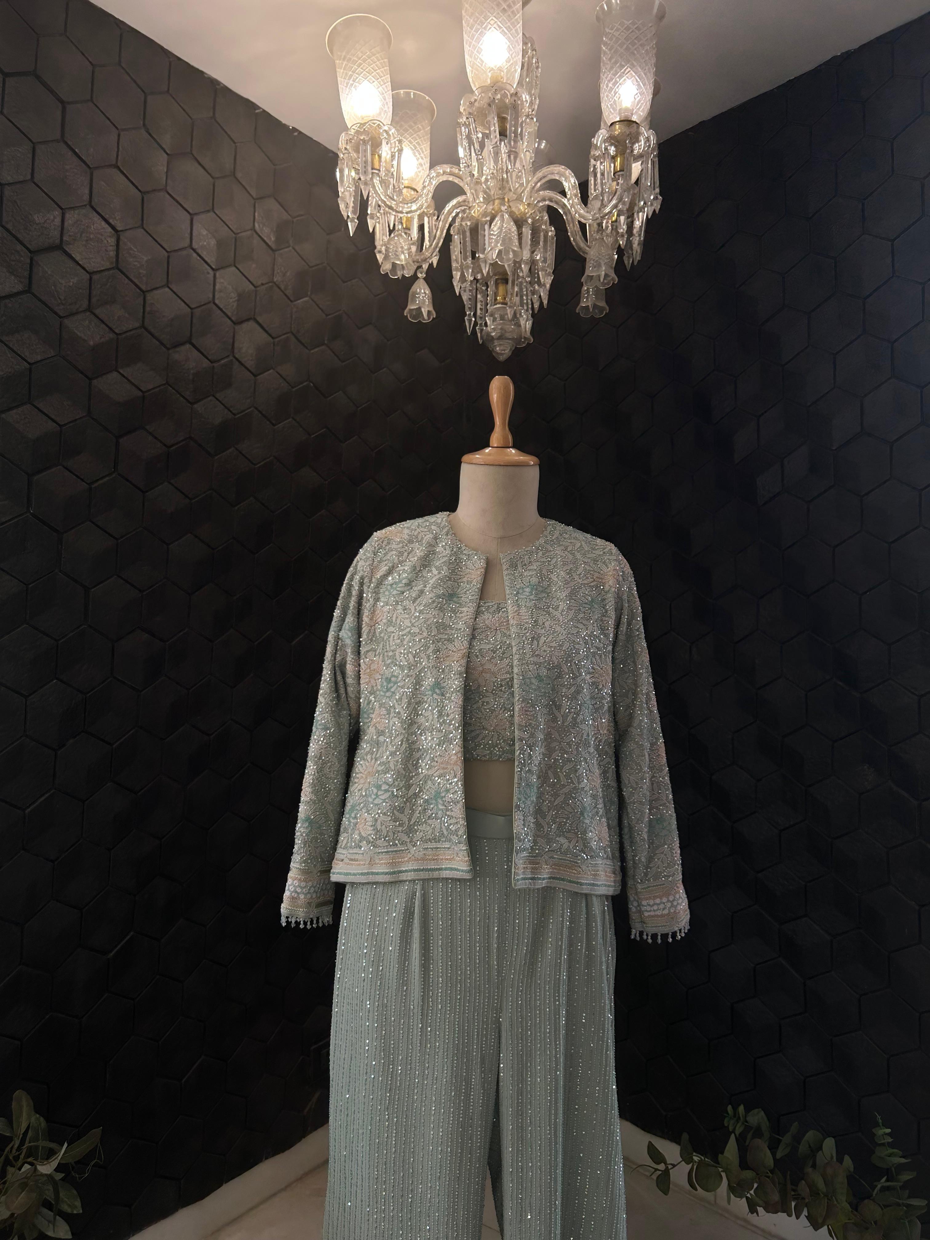 Premium Green Georgette Chikankari Gilet Co-ord Set