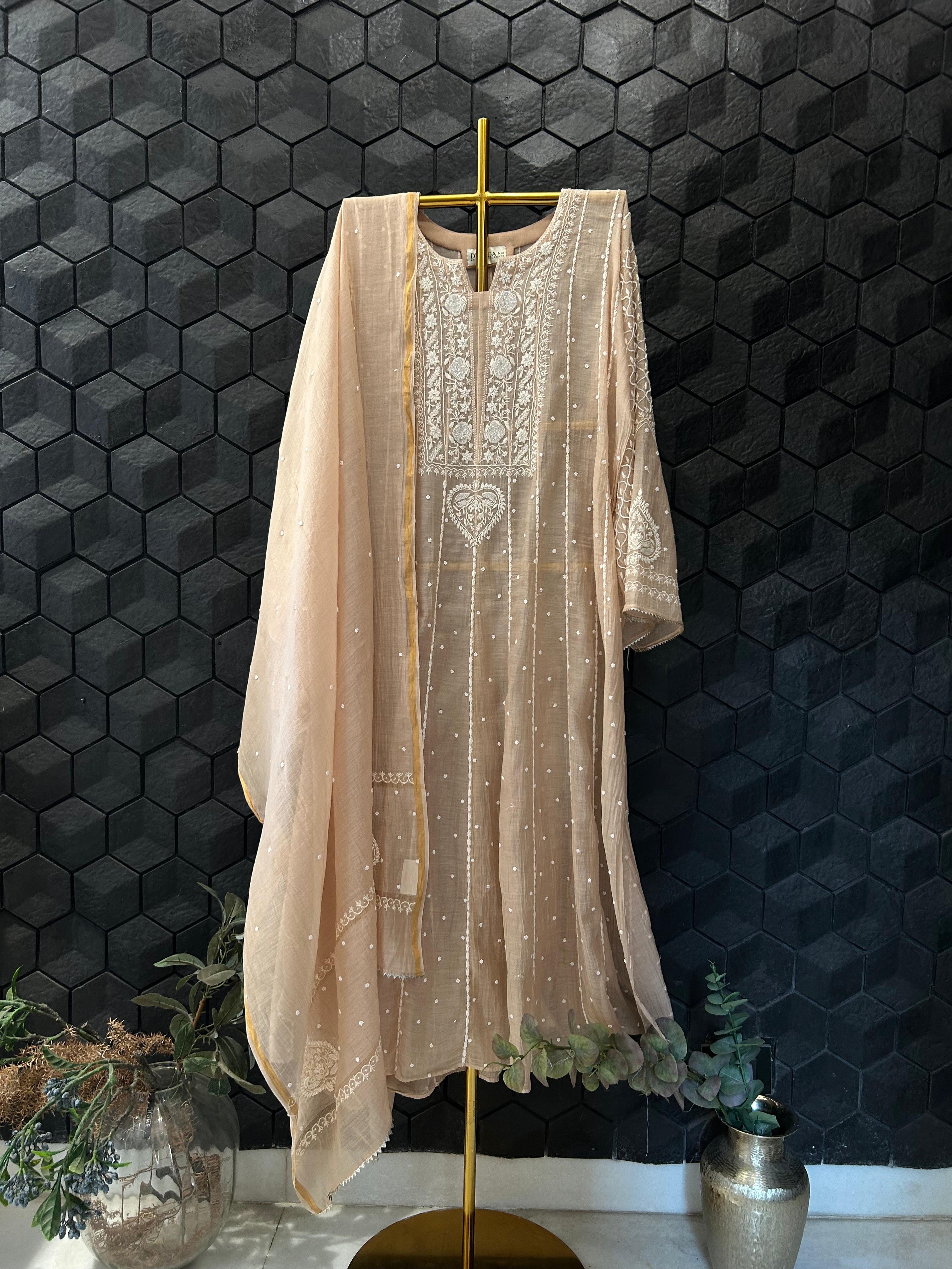 Peach Mul Chanderi Chikankari Anarkali Set