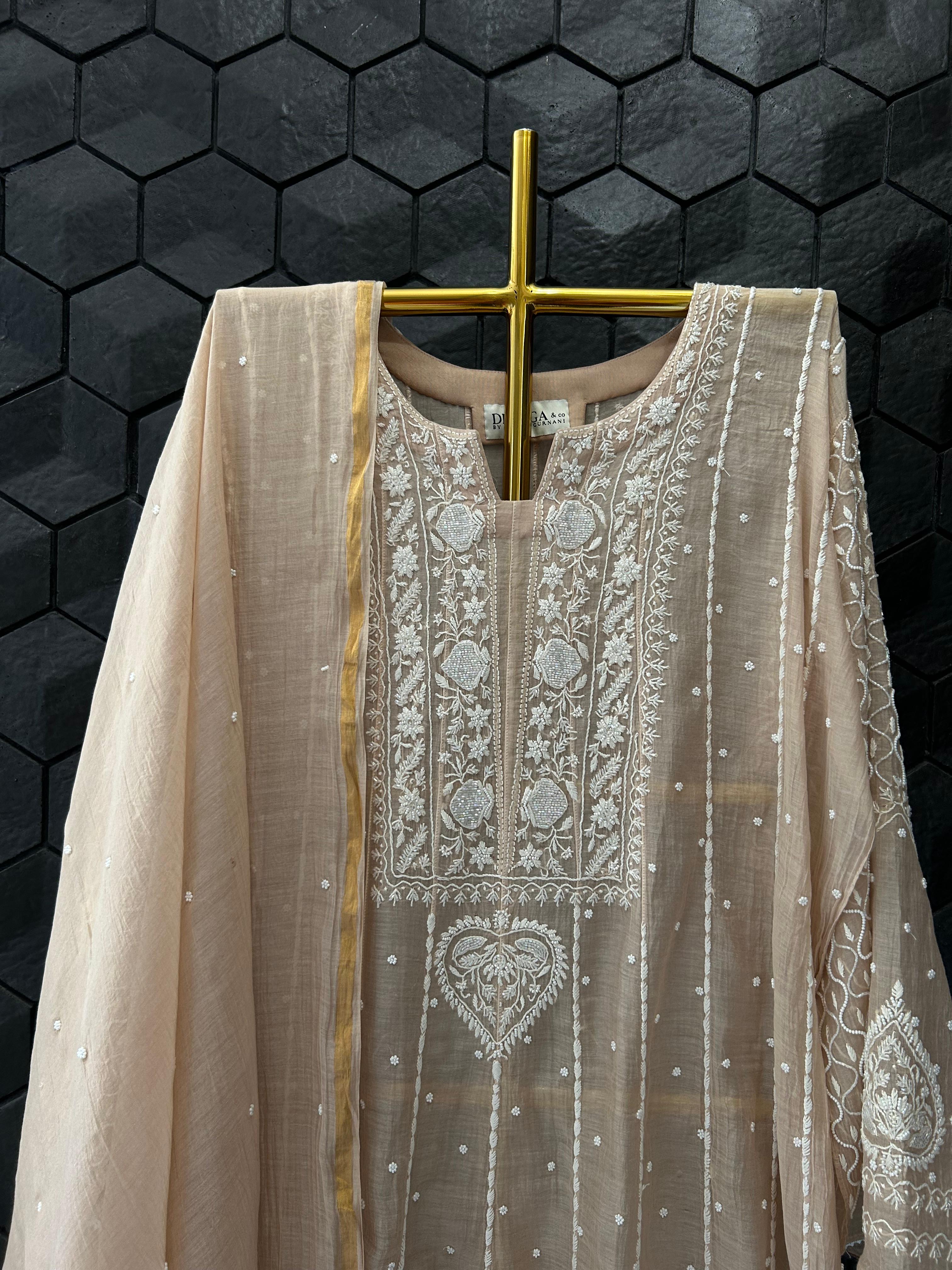 Peach Mul Chanderi Chikankari Anarkali Set