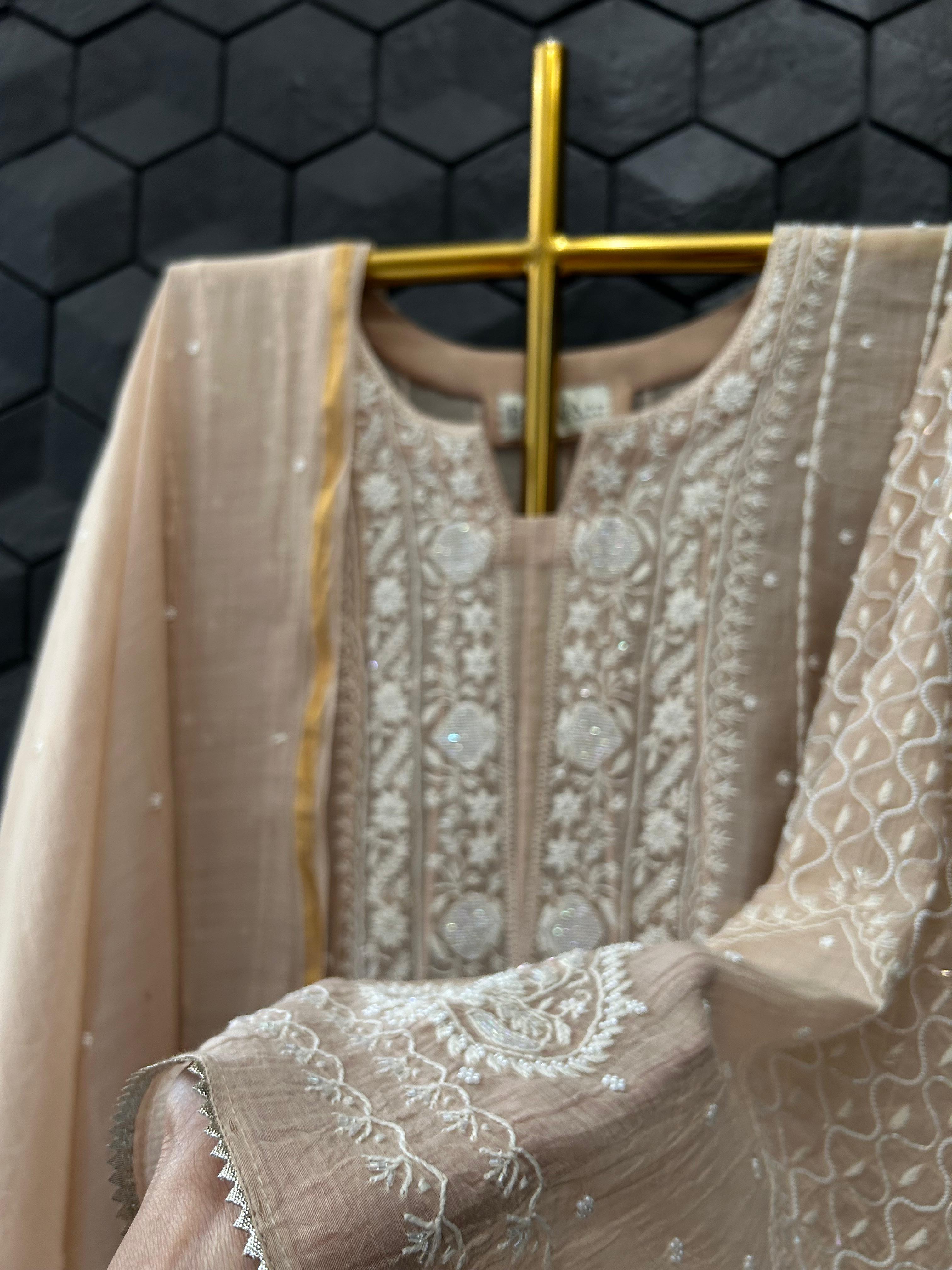 Peach Mul Chanderi Chikankari Anarkali Set