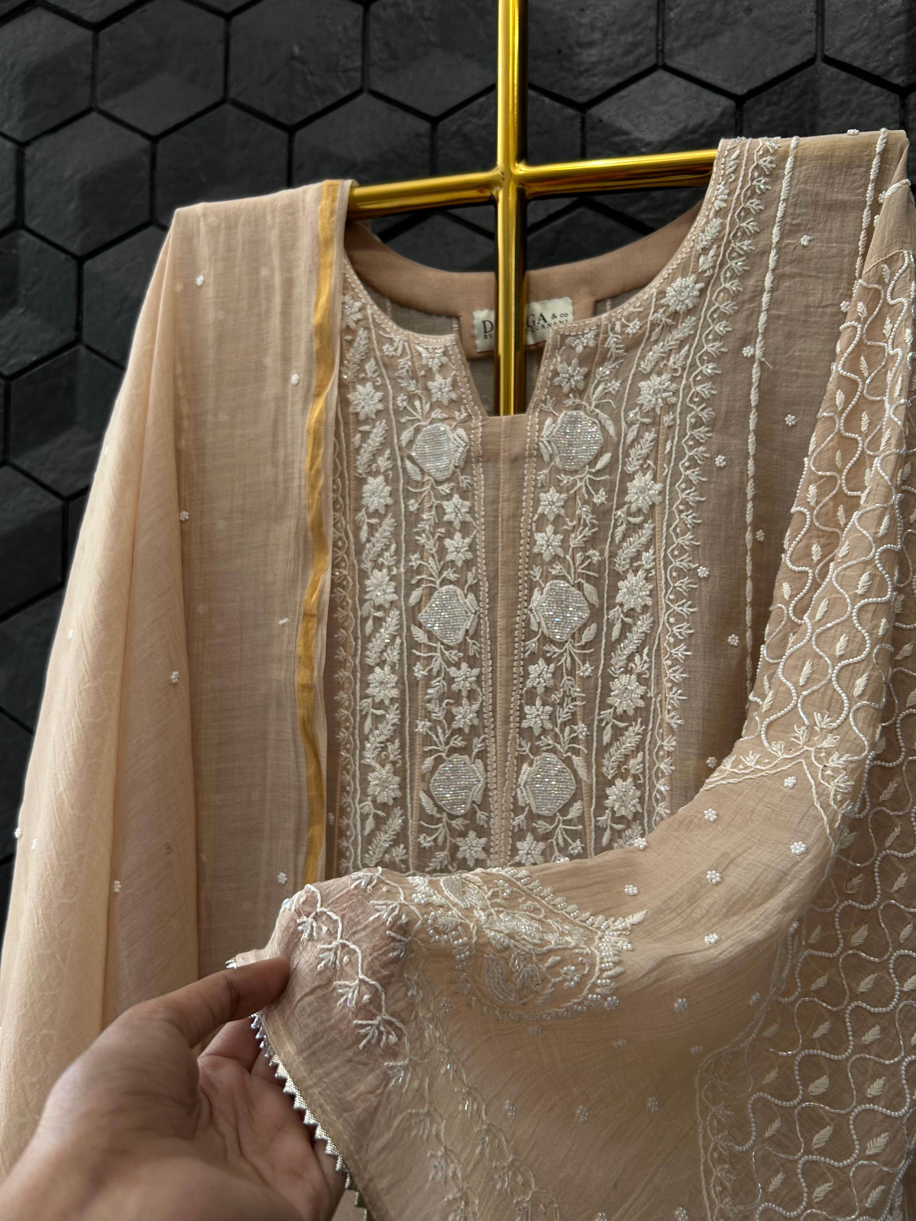 Peach Mul Chanderi Chikankari Anarkali Set