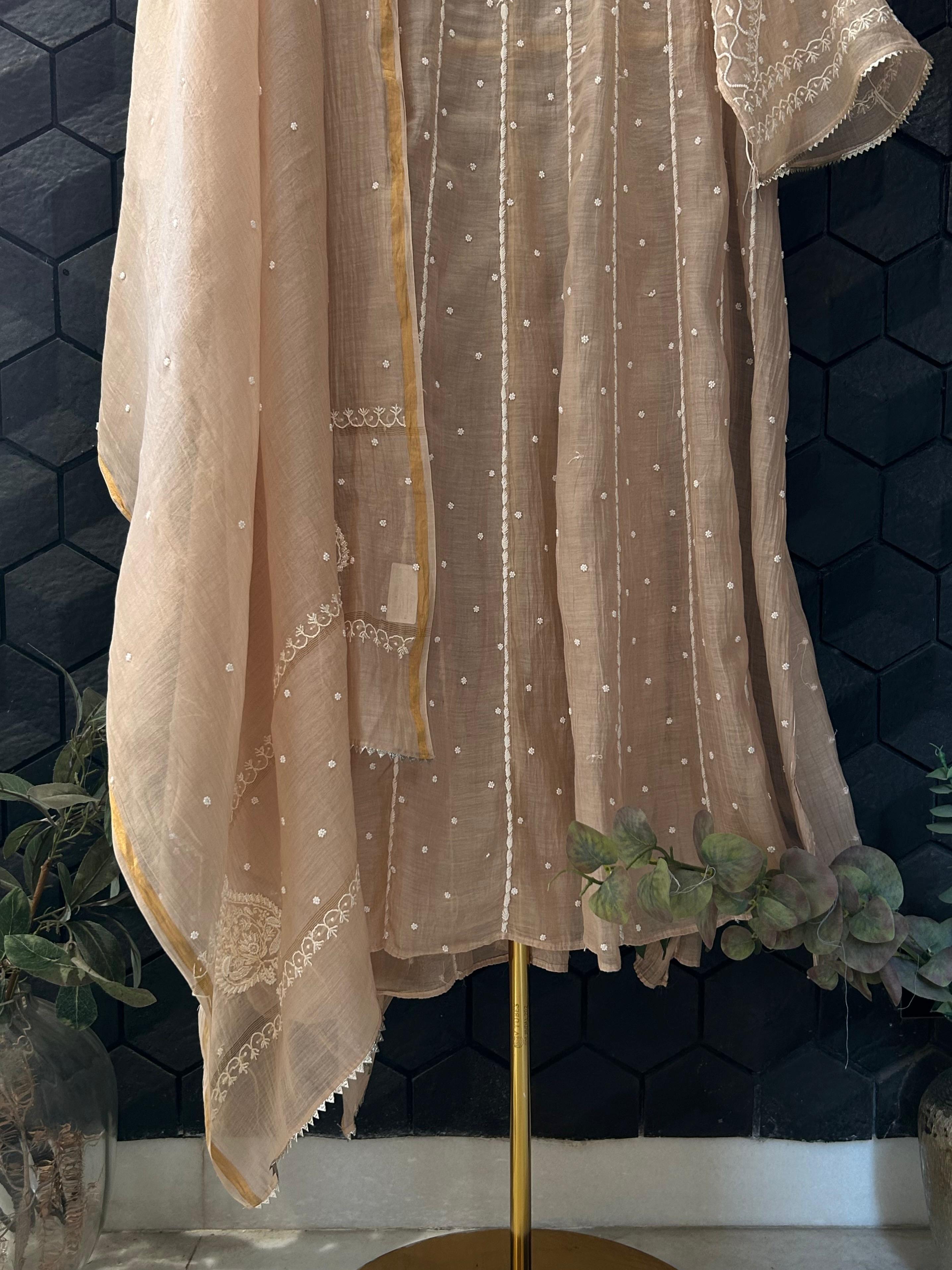 Peach Mul Chanderi Chikankari Anarkali Set