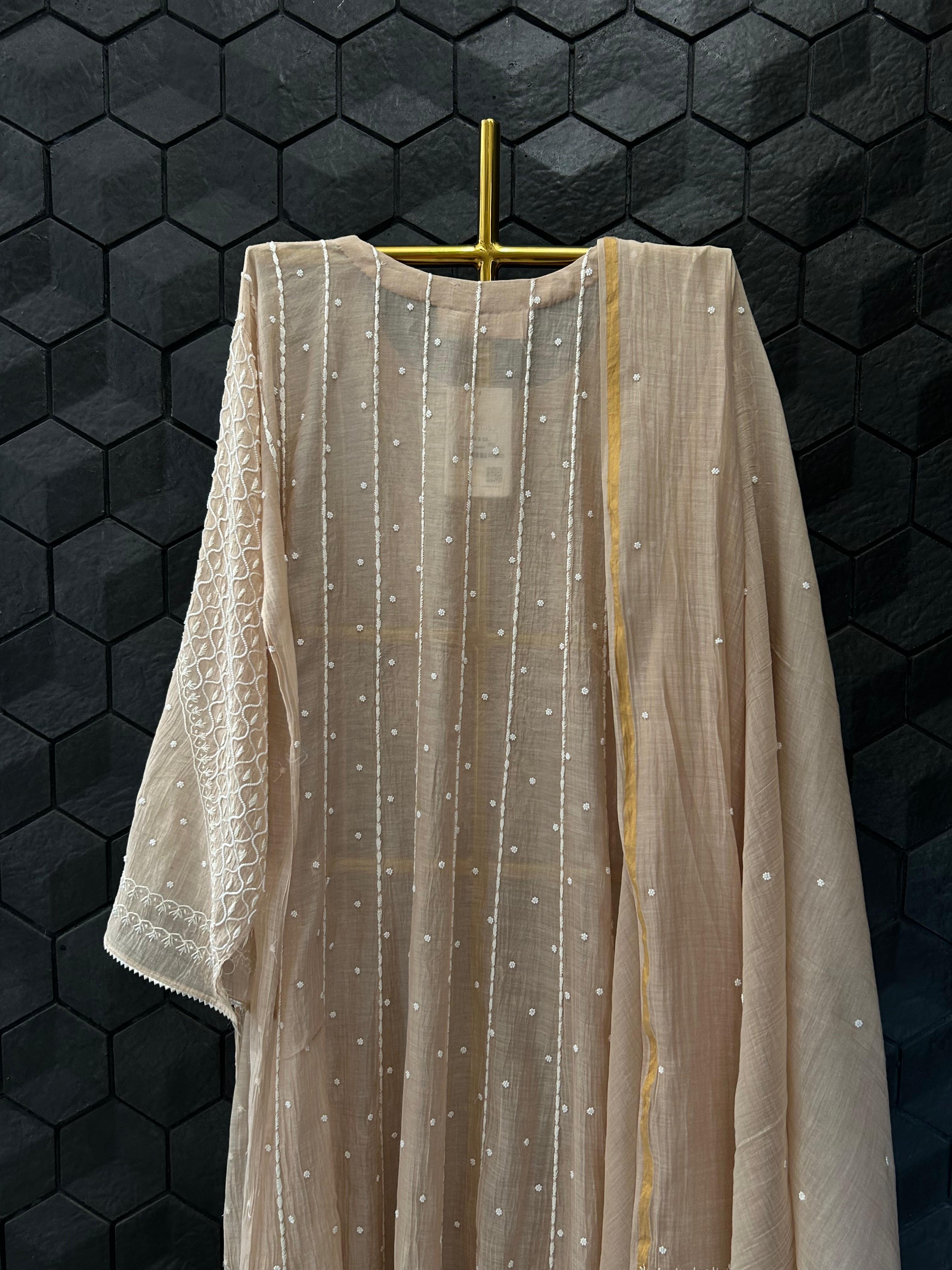 Peach Mul Chanderi Chikankari Anarkali Set