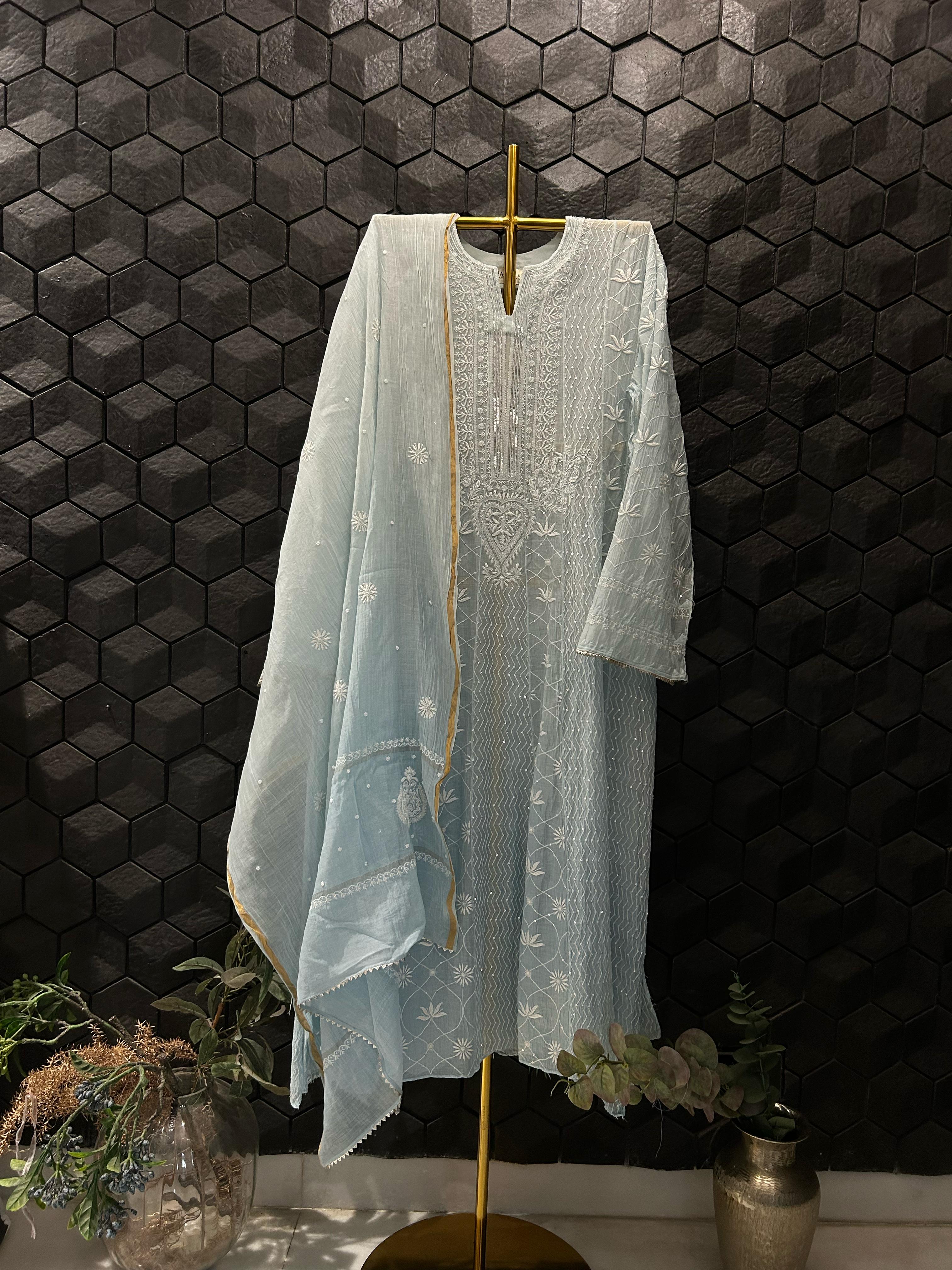 Sky Blue Mul Chanderi Chikankari Anarkali Set