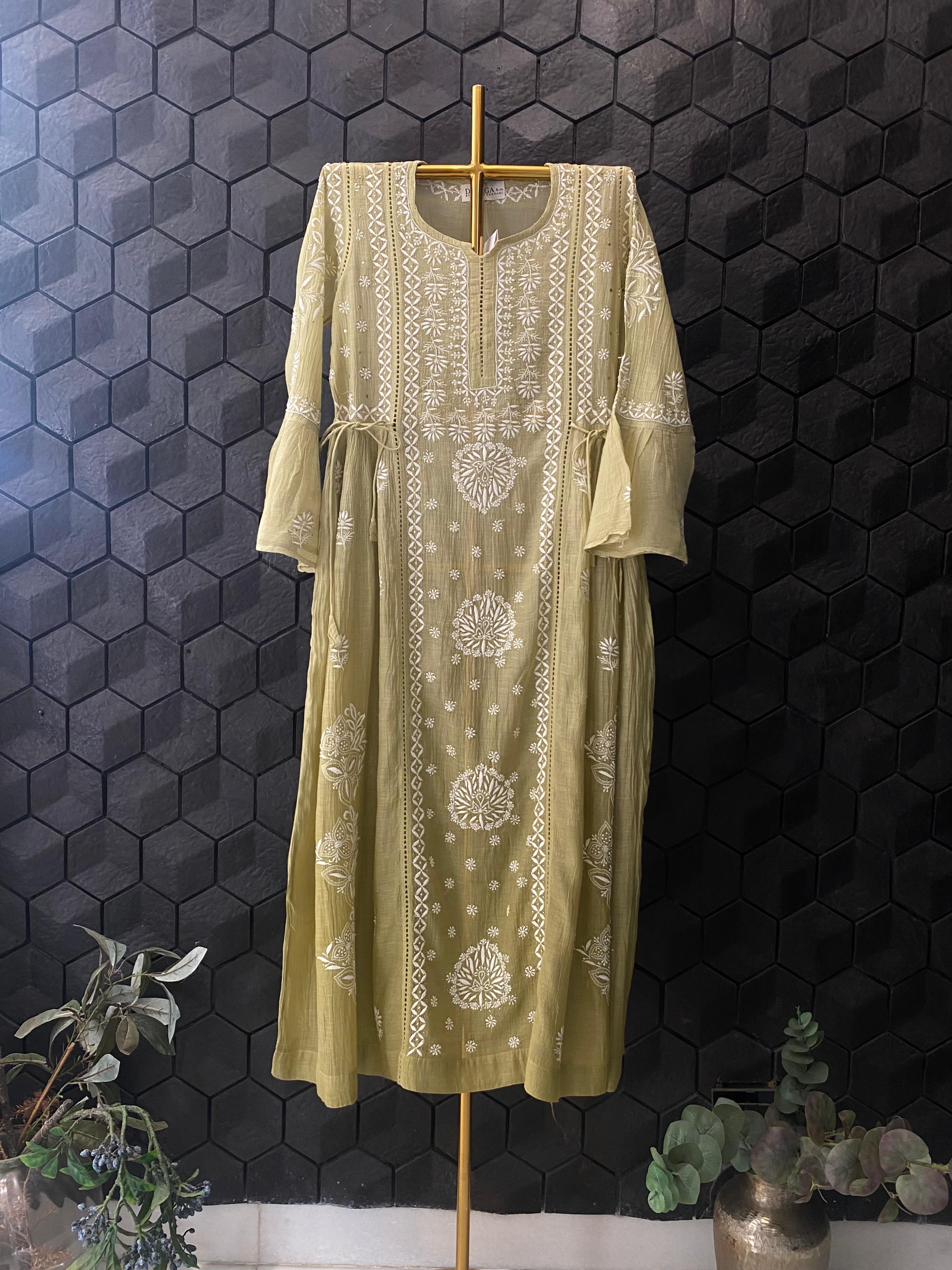 Pista Green Mul Chanderi Chikankari Dress