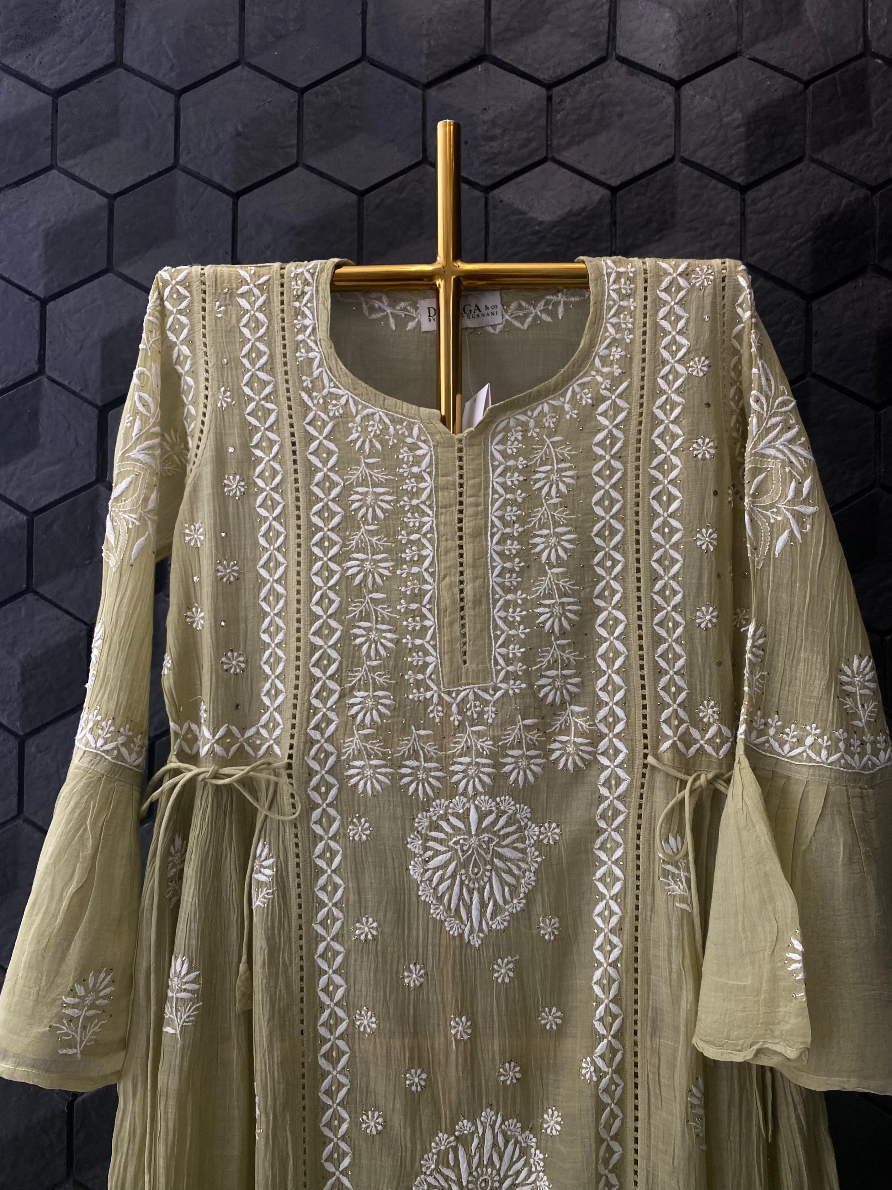Pista Green Mul Chanderi Chikankari Dress