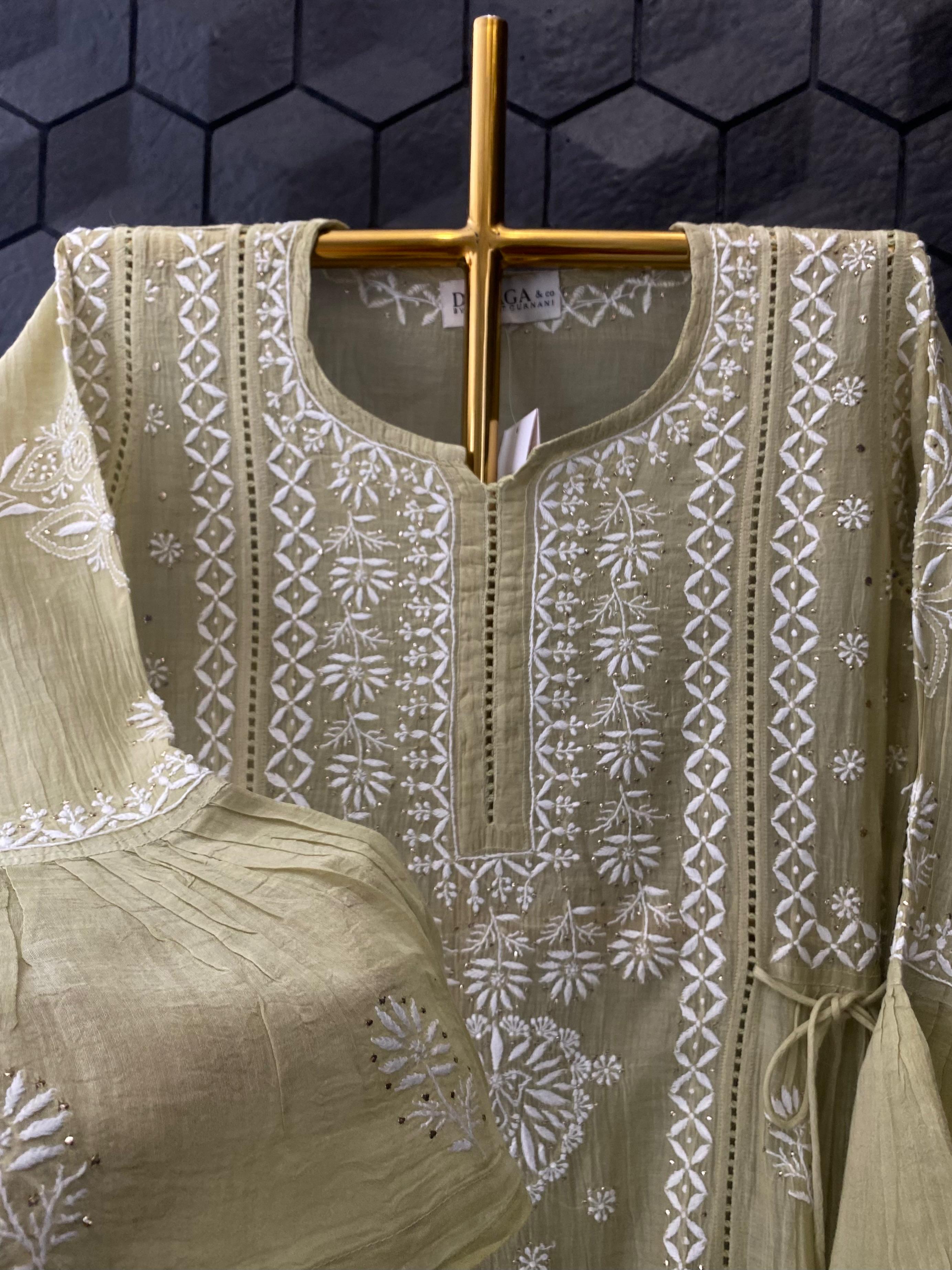Pista Green Mul Chanderi Chikankari Dress