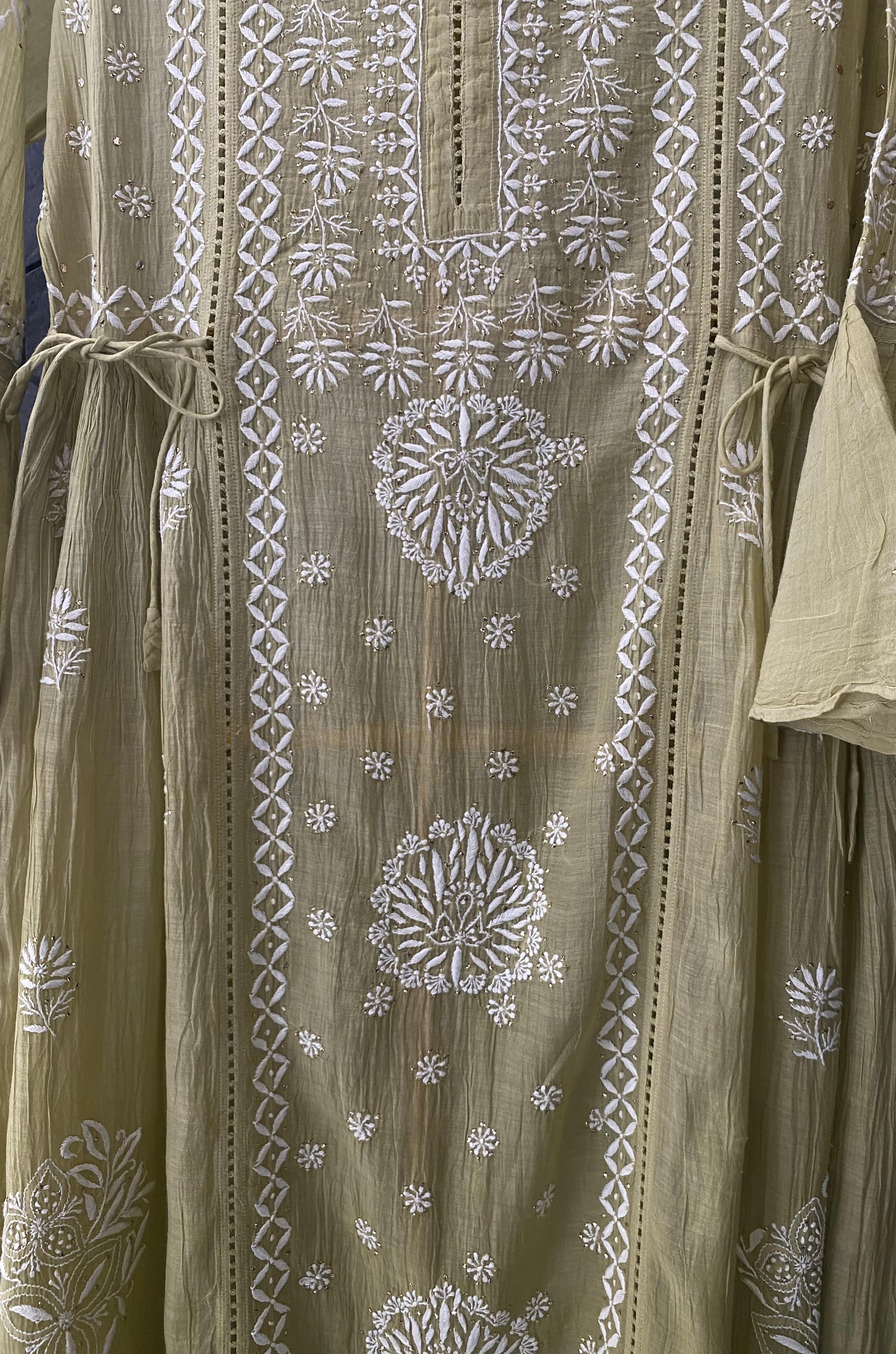 Pista Green Mul Chanderi Chikankari Dress