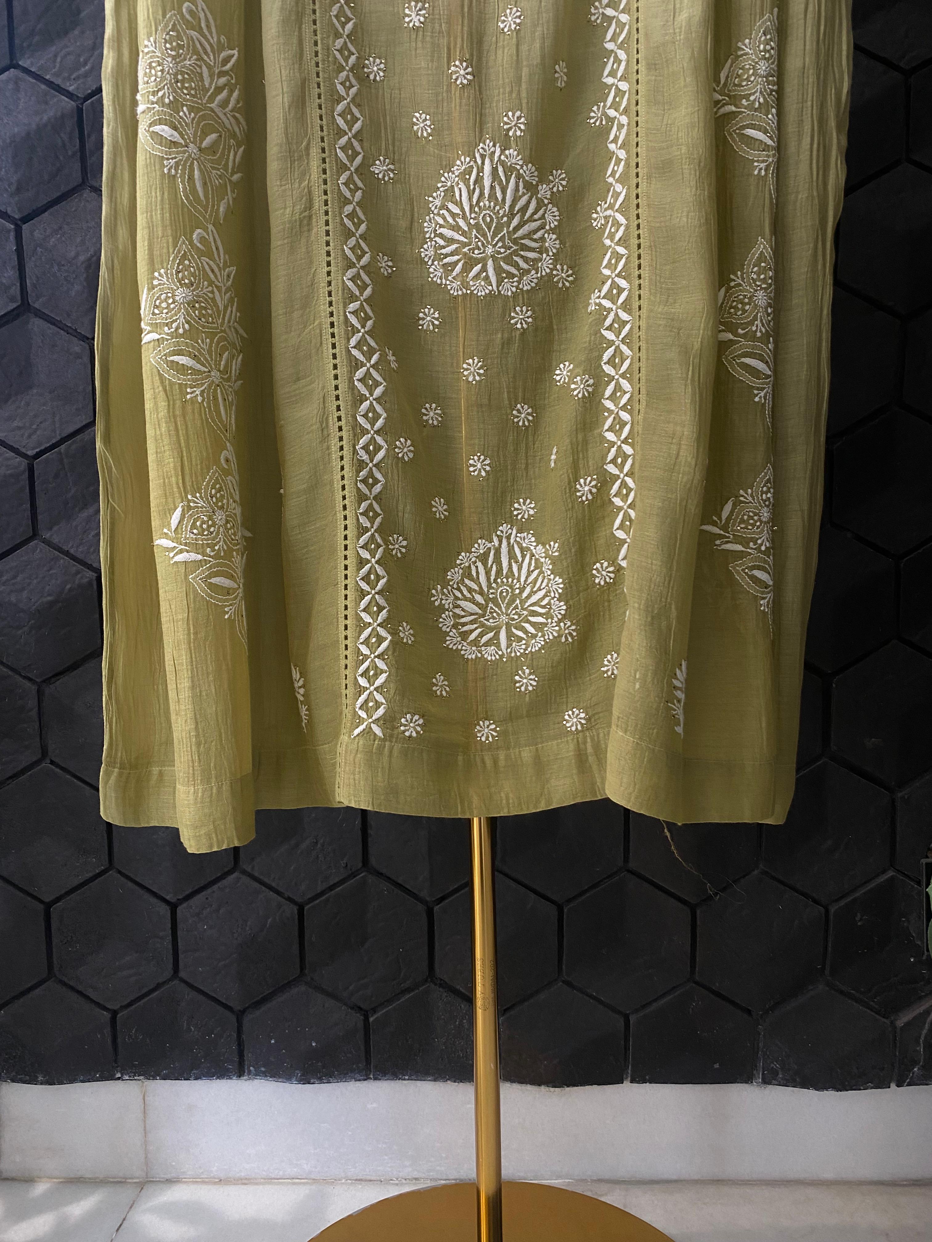 Pista Green Mul Chanderi Chikankari Dress