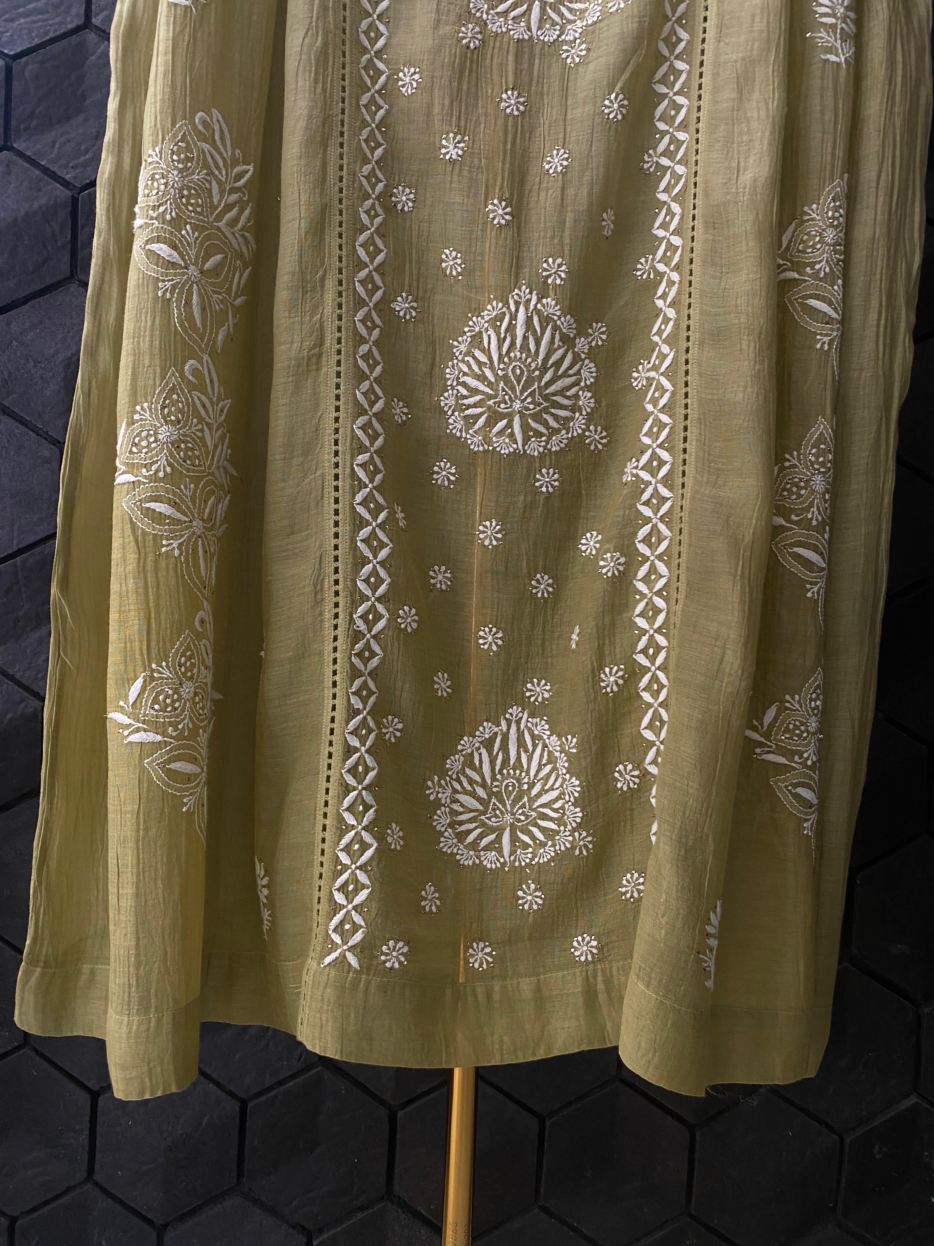 Pista Green Mul Chanderi Chikankari Dress