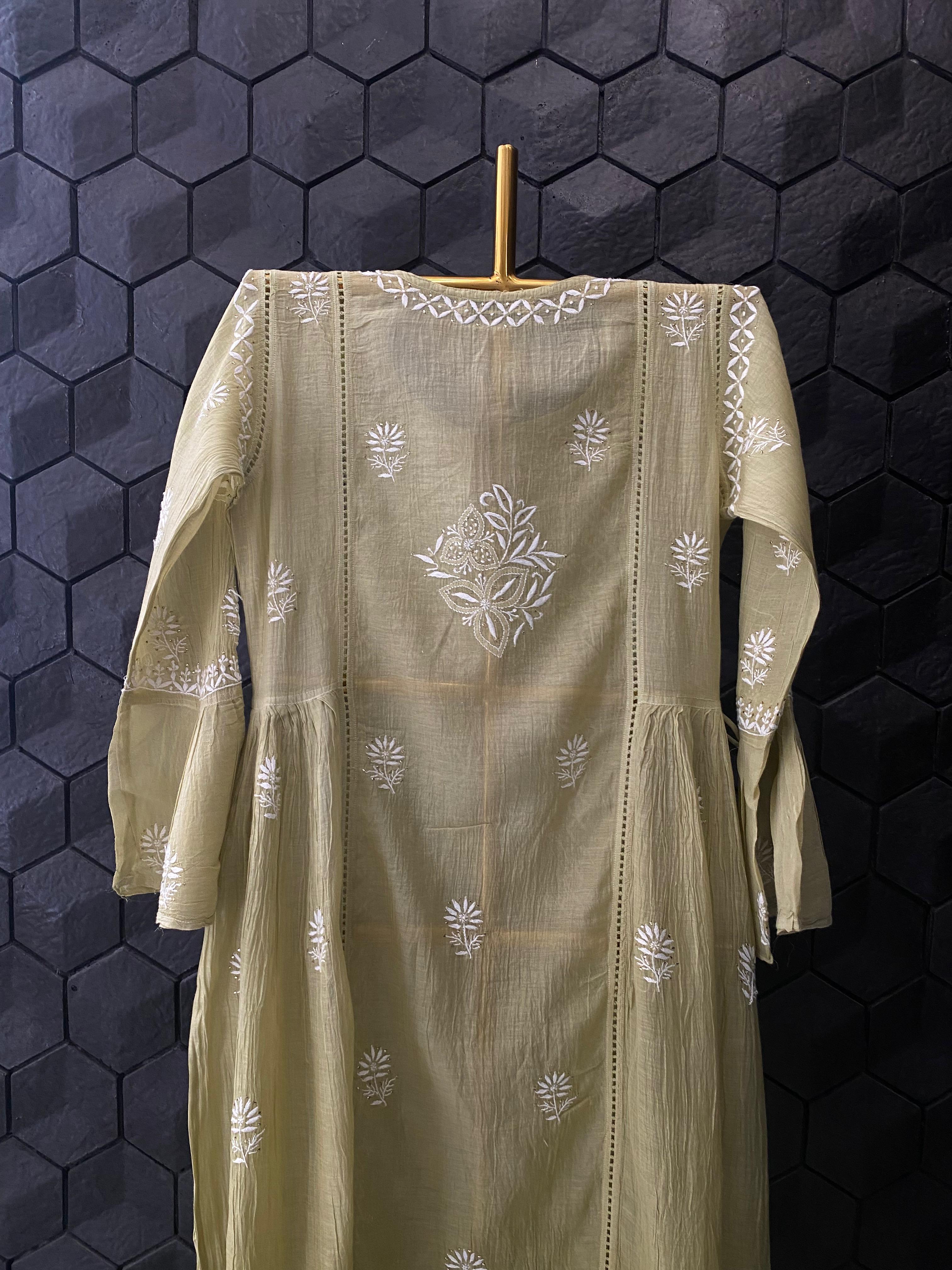 Pista Green Mul Chanderi Chikankari Dress