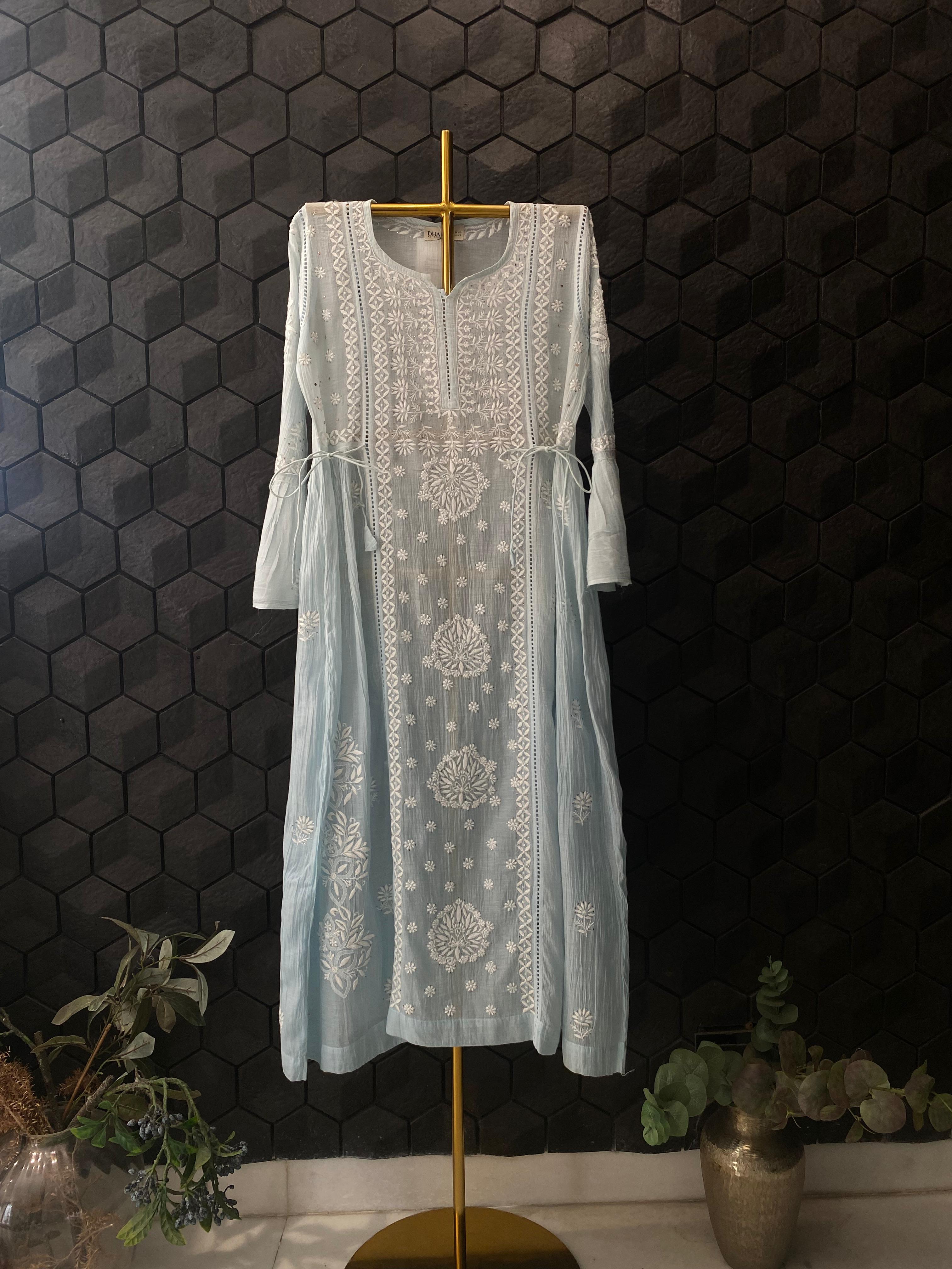 Sky Blue Mul Chanderi Chikankari Dress