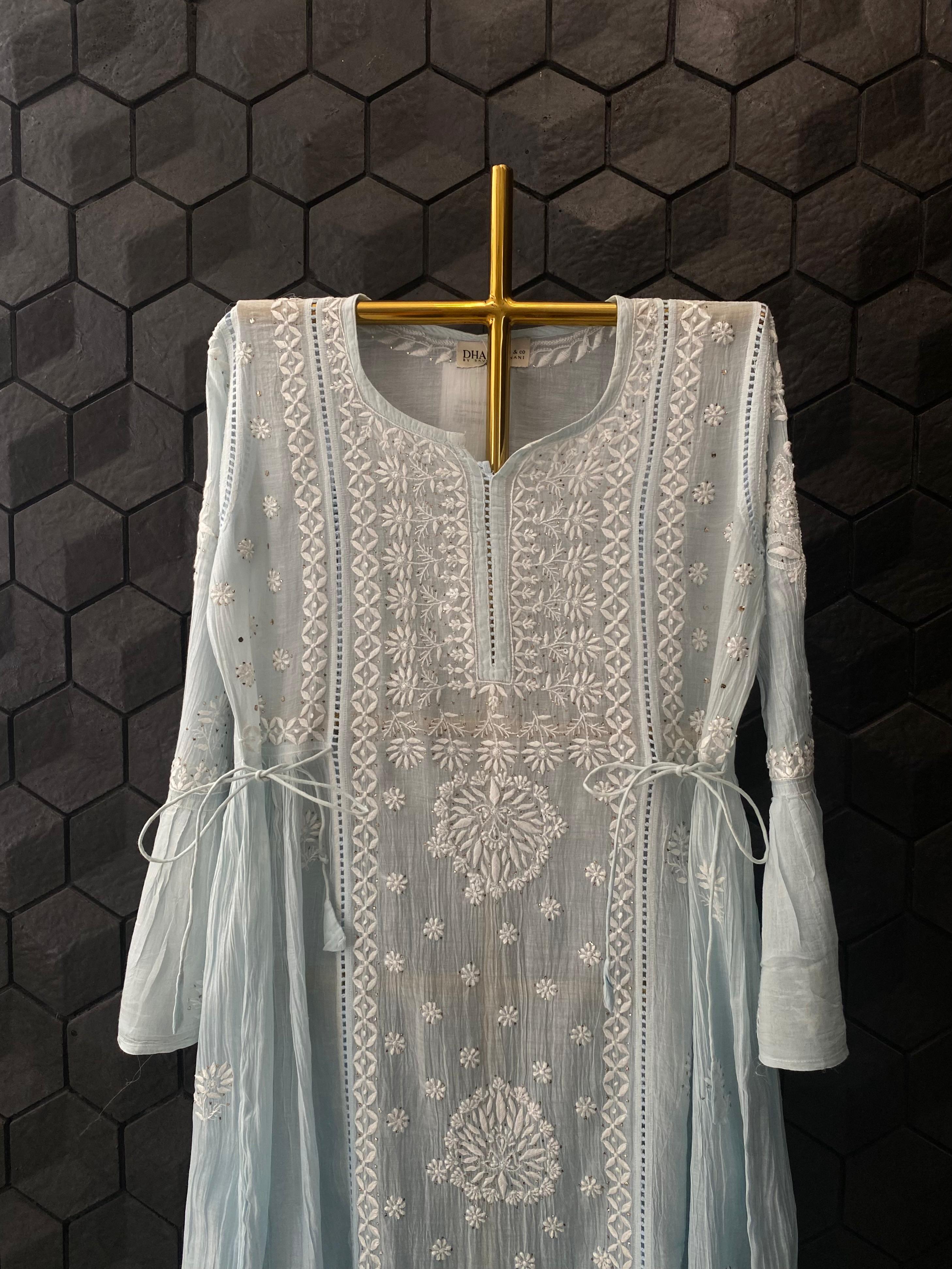 Sky Blue Mul Chanderi Chikankari Dress