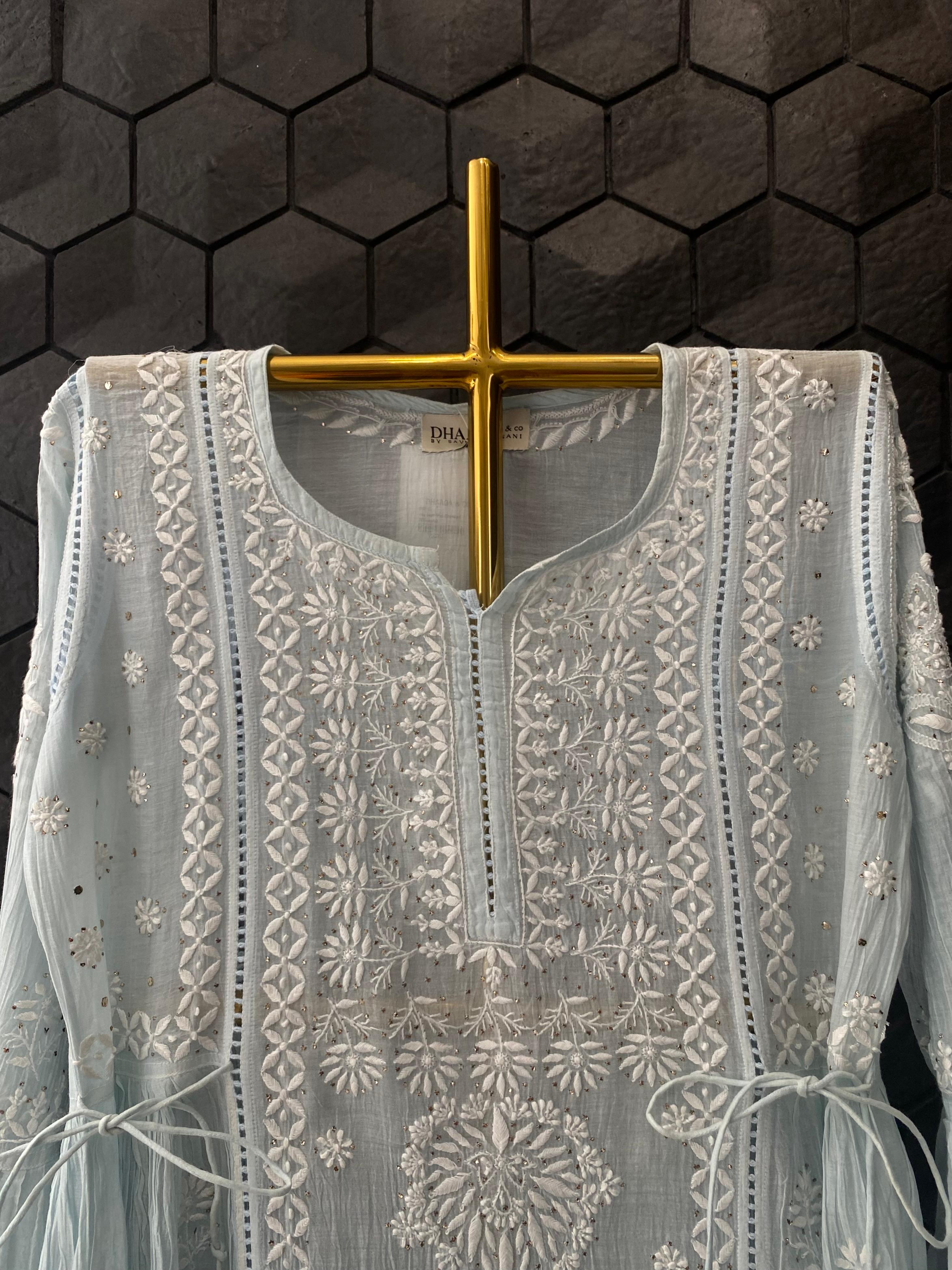 Sky Blue Mul Chanderi Chikankari Dress