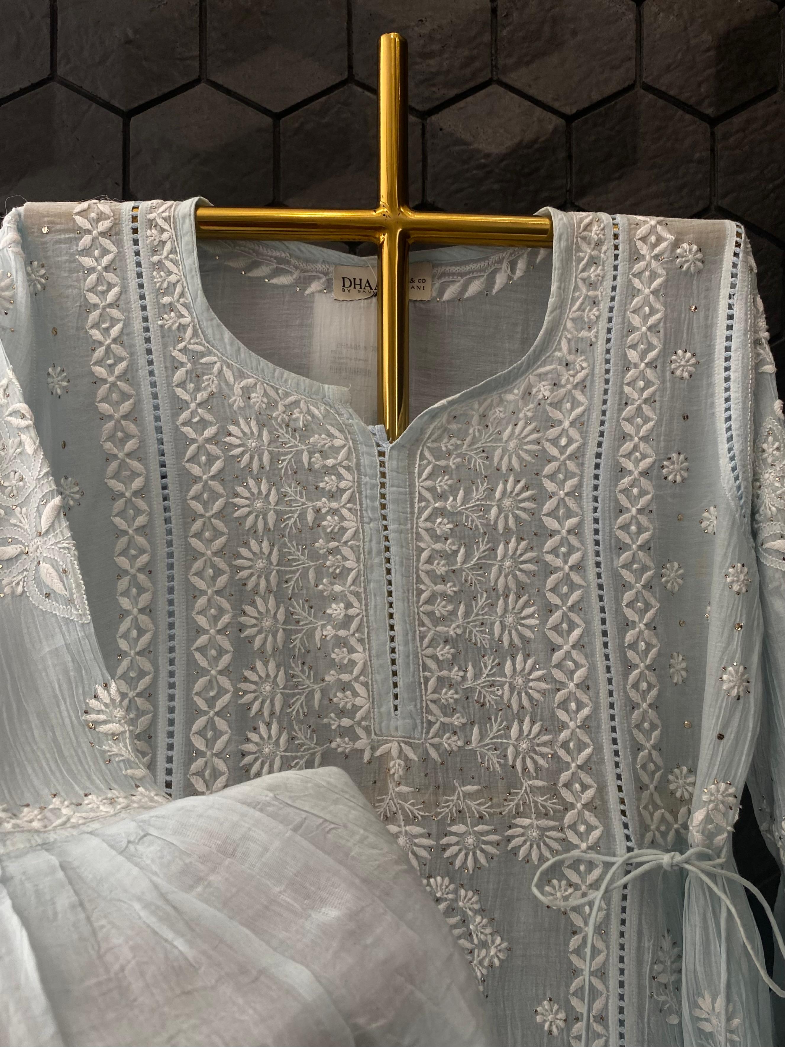 Sky Blue Mul Chanderi Chikankari Dress