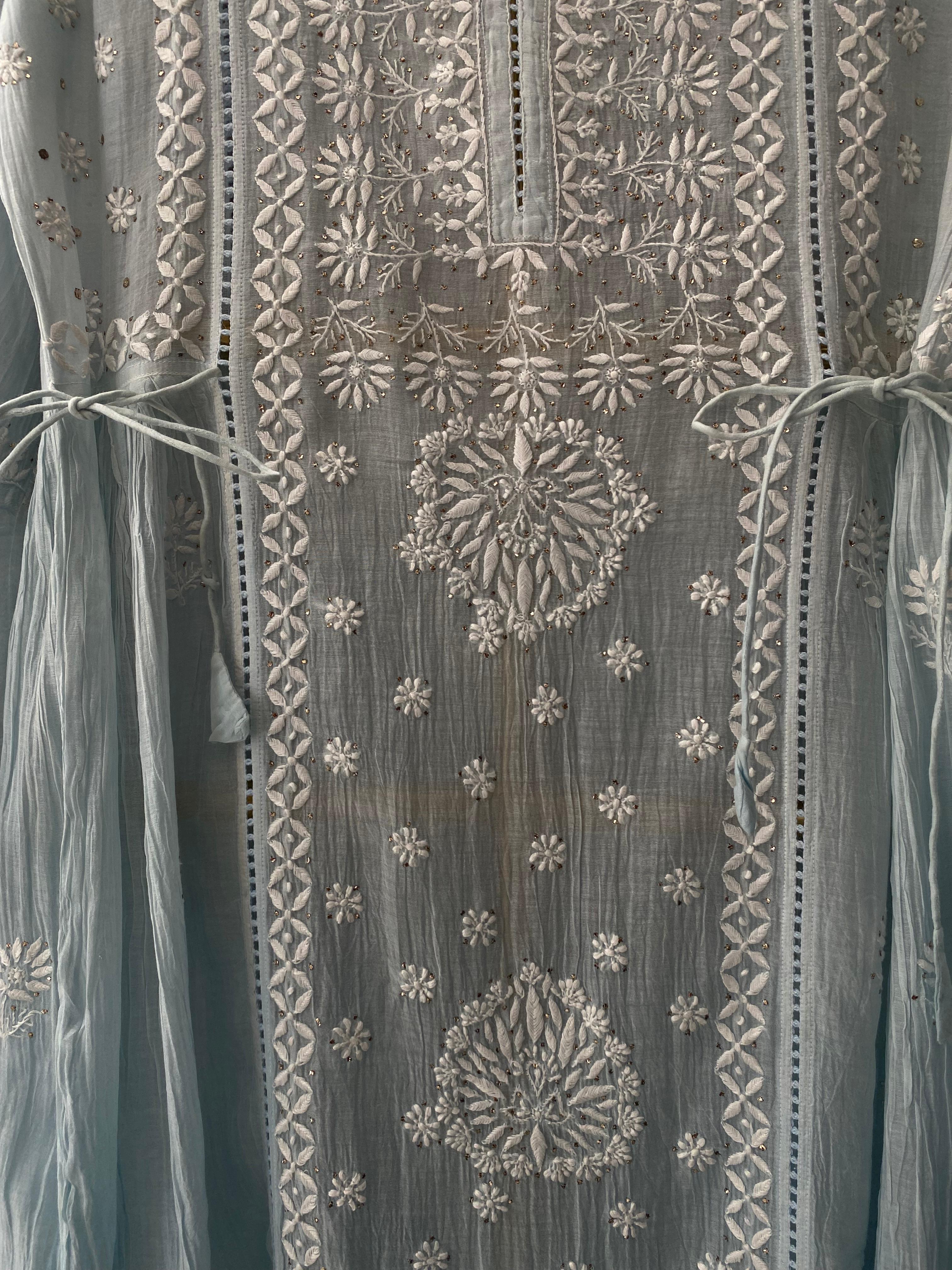 Sky Blue Mul Chanderi Chikankari Dress