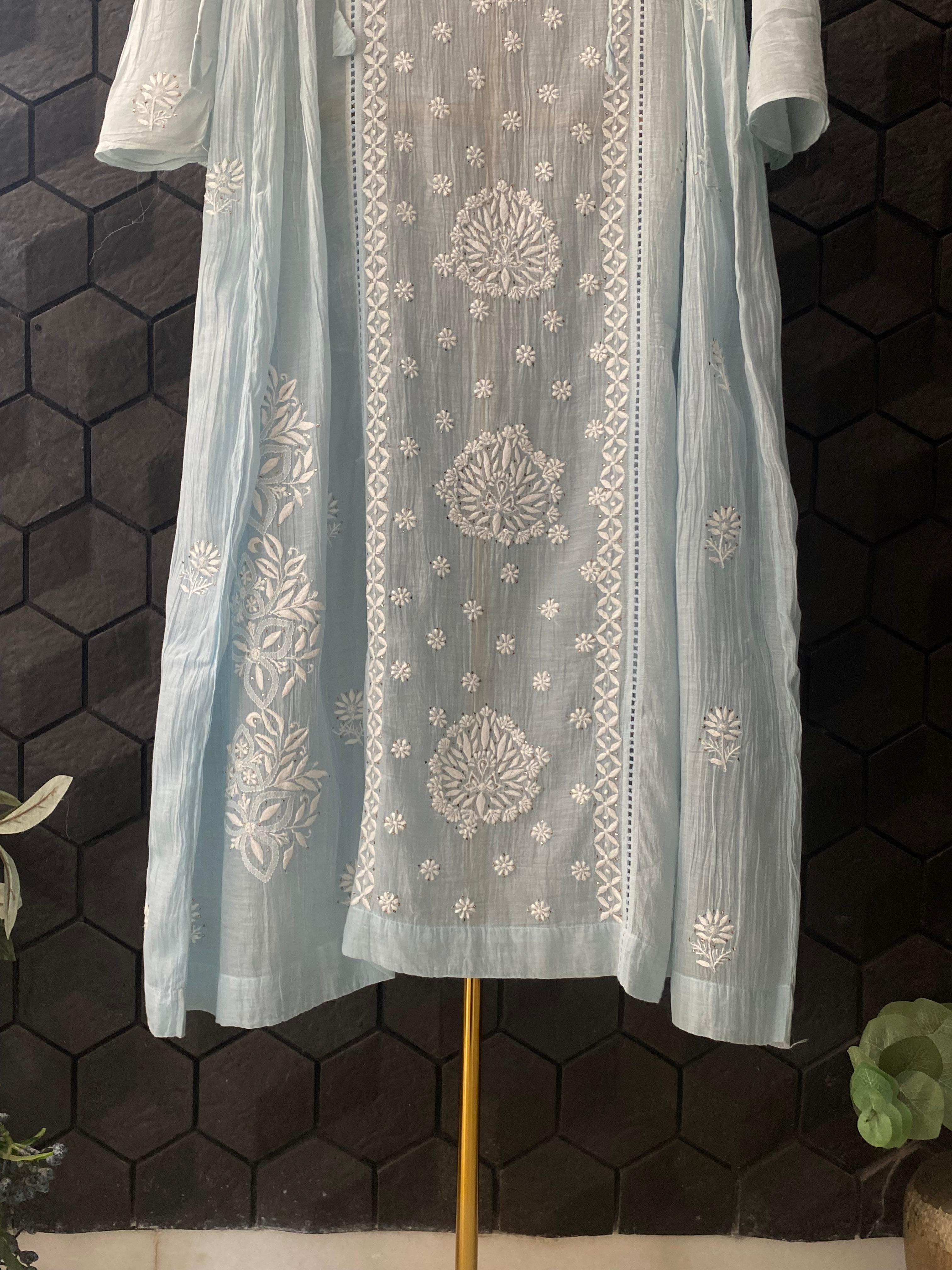 Sky Blue Mul Chanderi Chikankari Dress