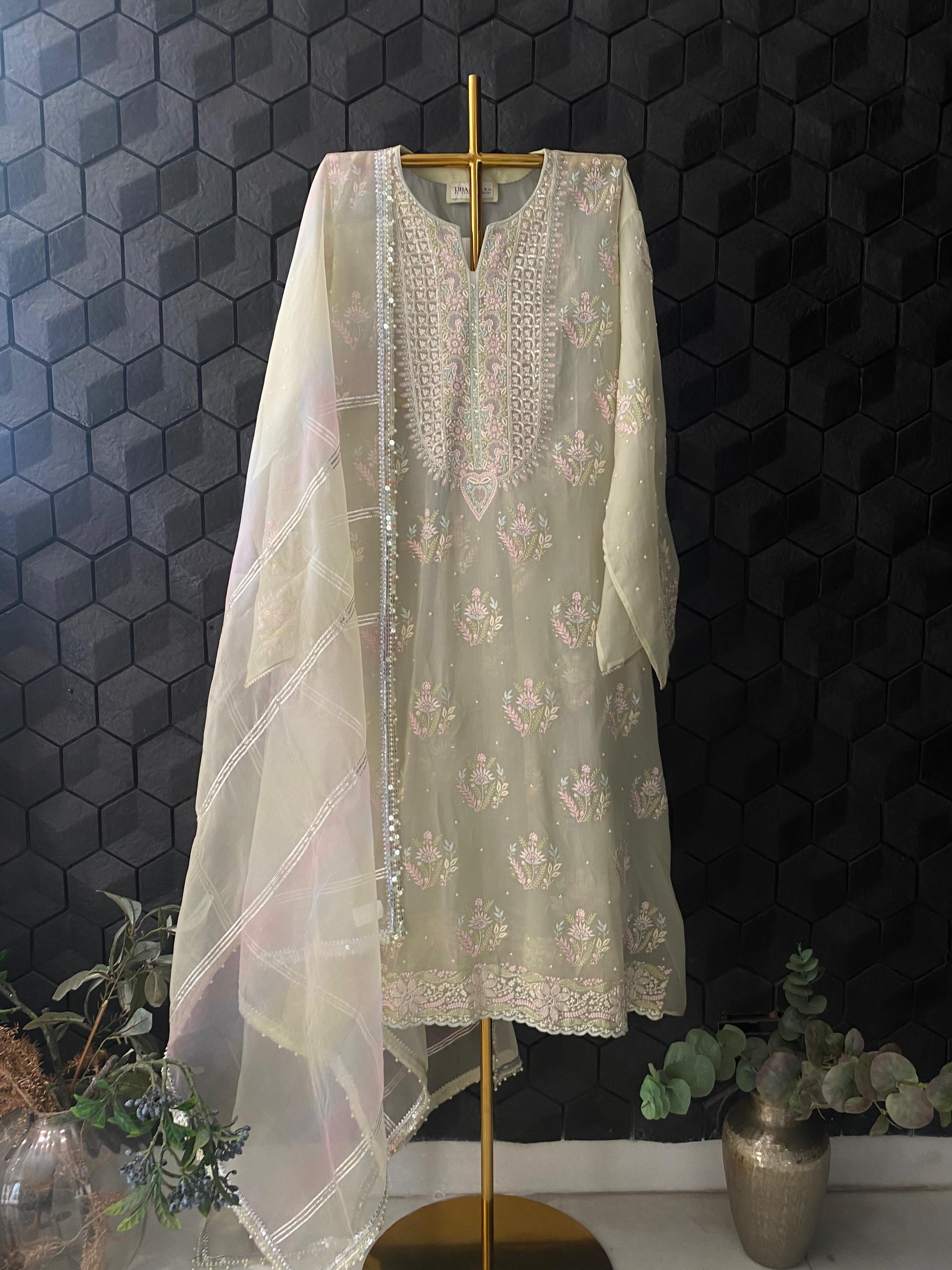 Sage Green Organza Chikankari Kurta Set