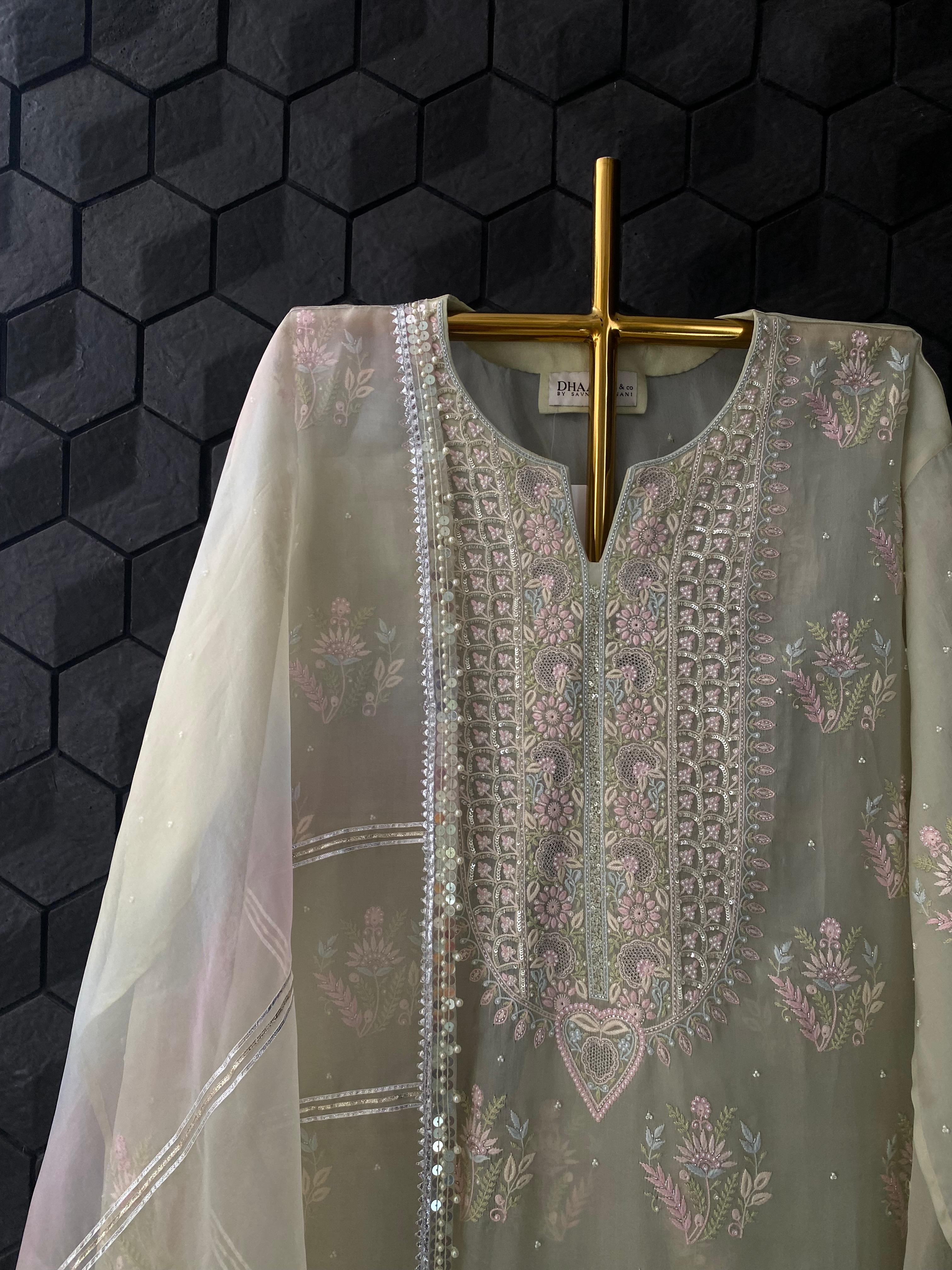Sage Green Organza Chikankari Kurta Set