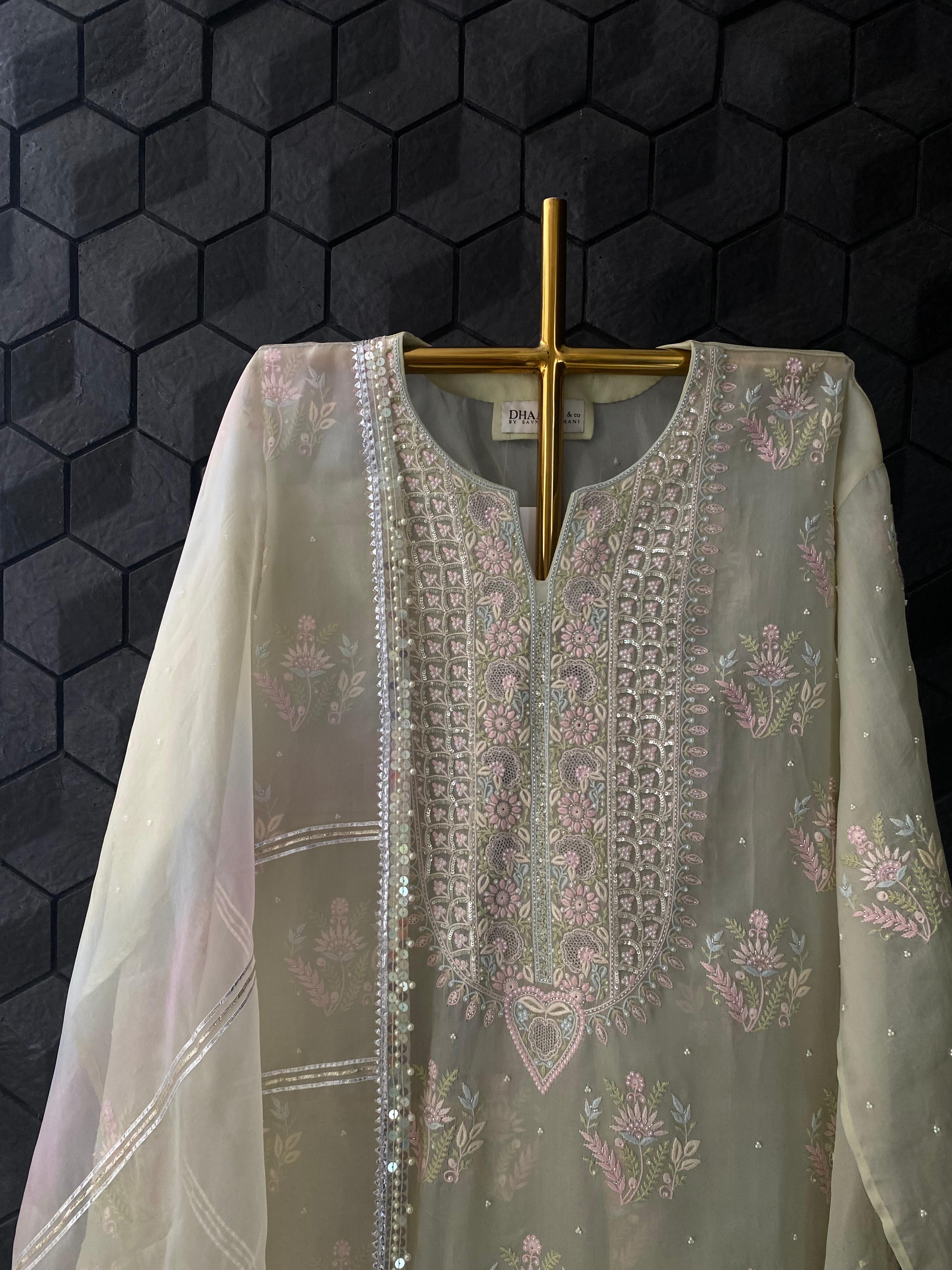 Sage Green Organza Chikankari Kurta Set