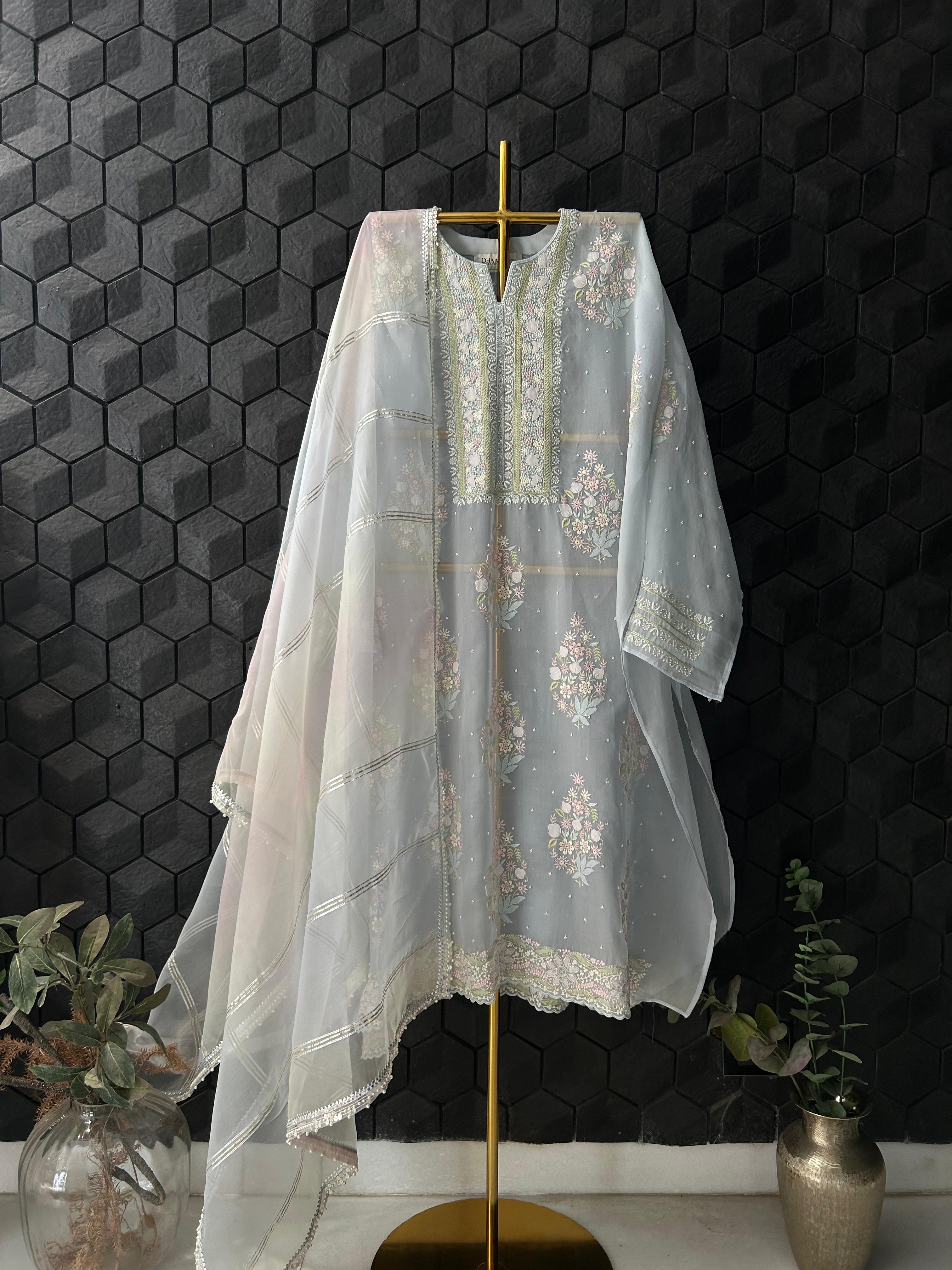 Sky Blue Organza Chikankari Kurta Set