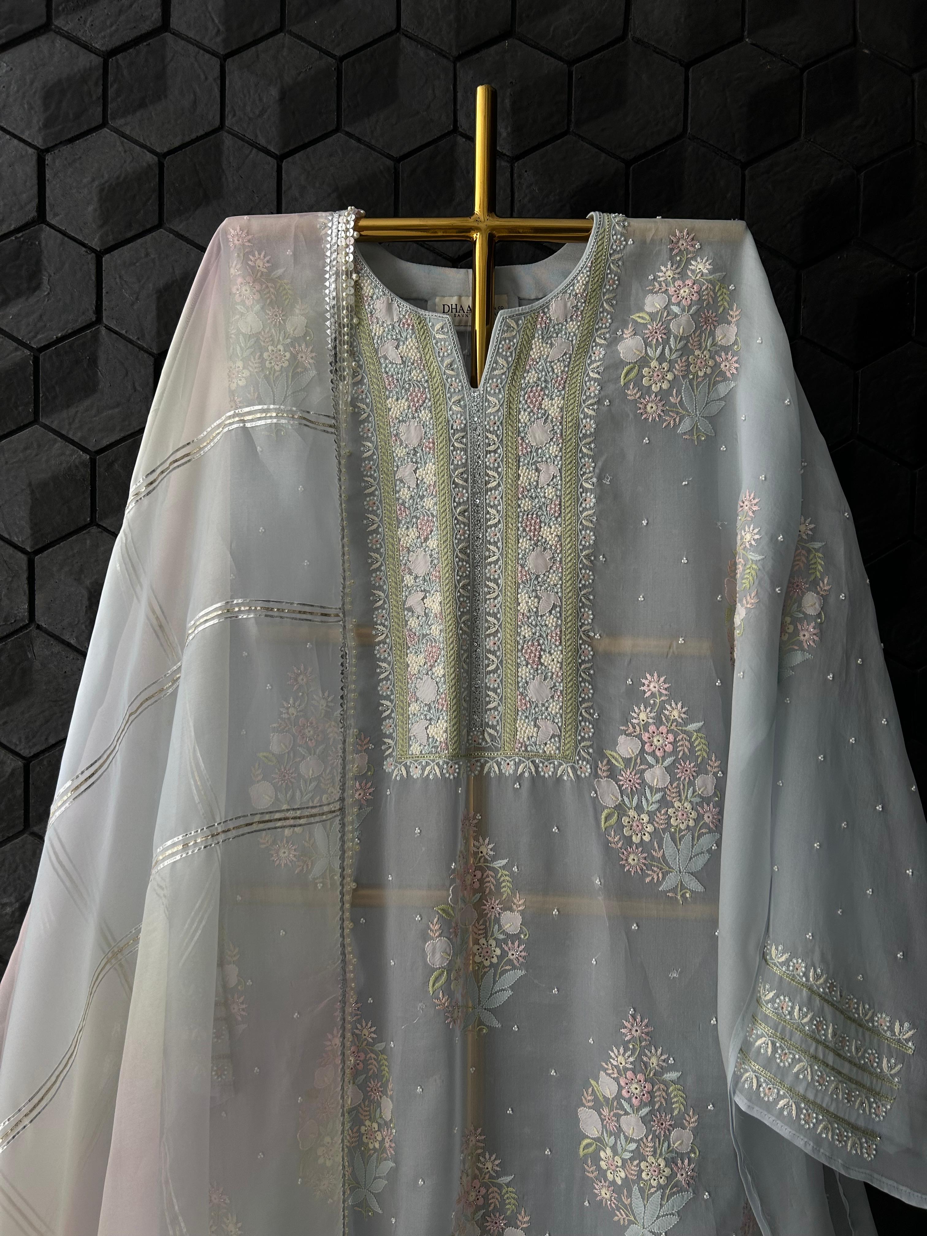 Sky Blue Organza Chikankari Kurta Set
