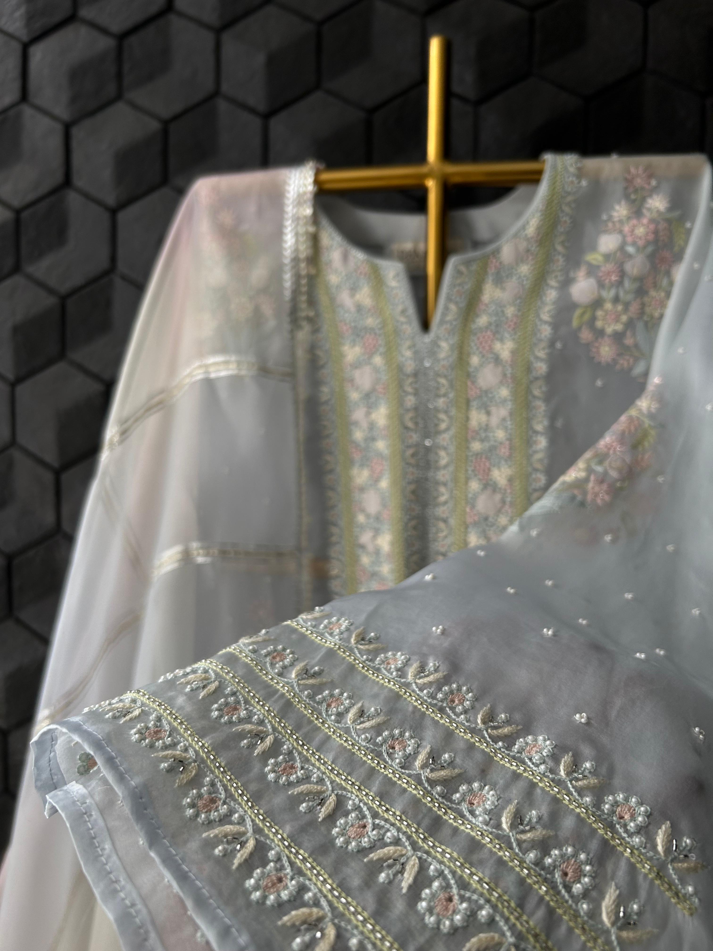 Sky Blue Organza Chikankari Kurta Set