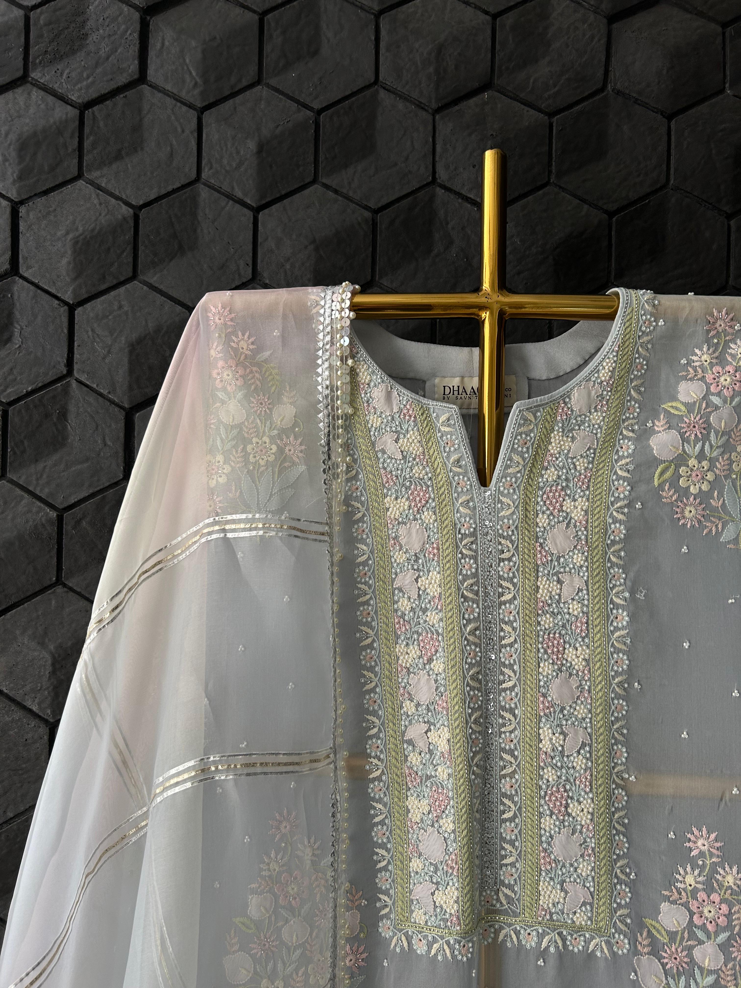 Sky Blue Organza Chikankari Kurta Set