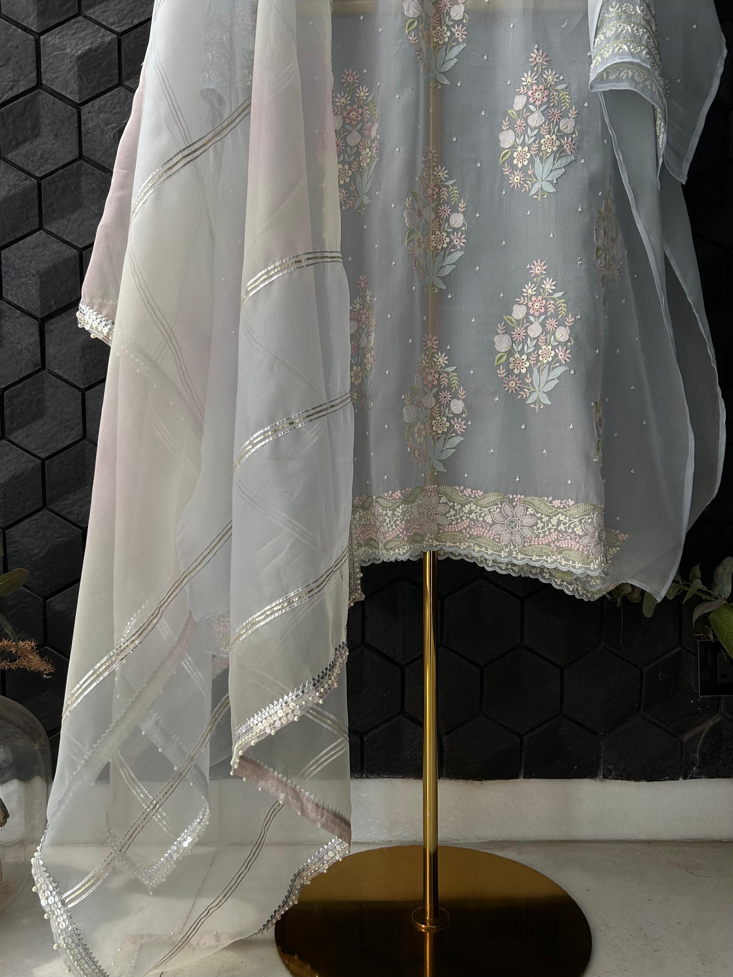 Sky Blue Organza Chikankari Kurta Set