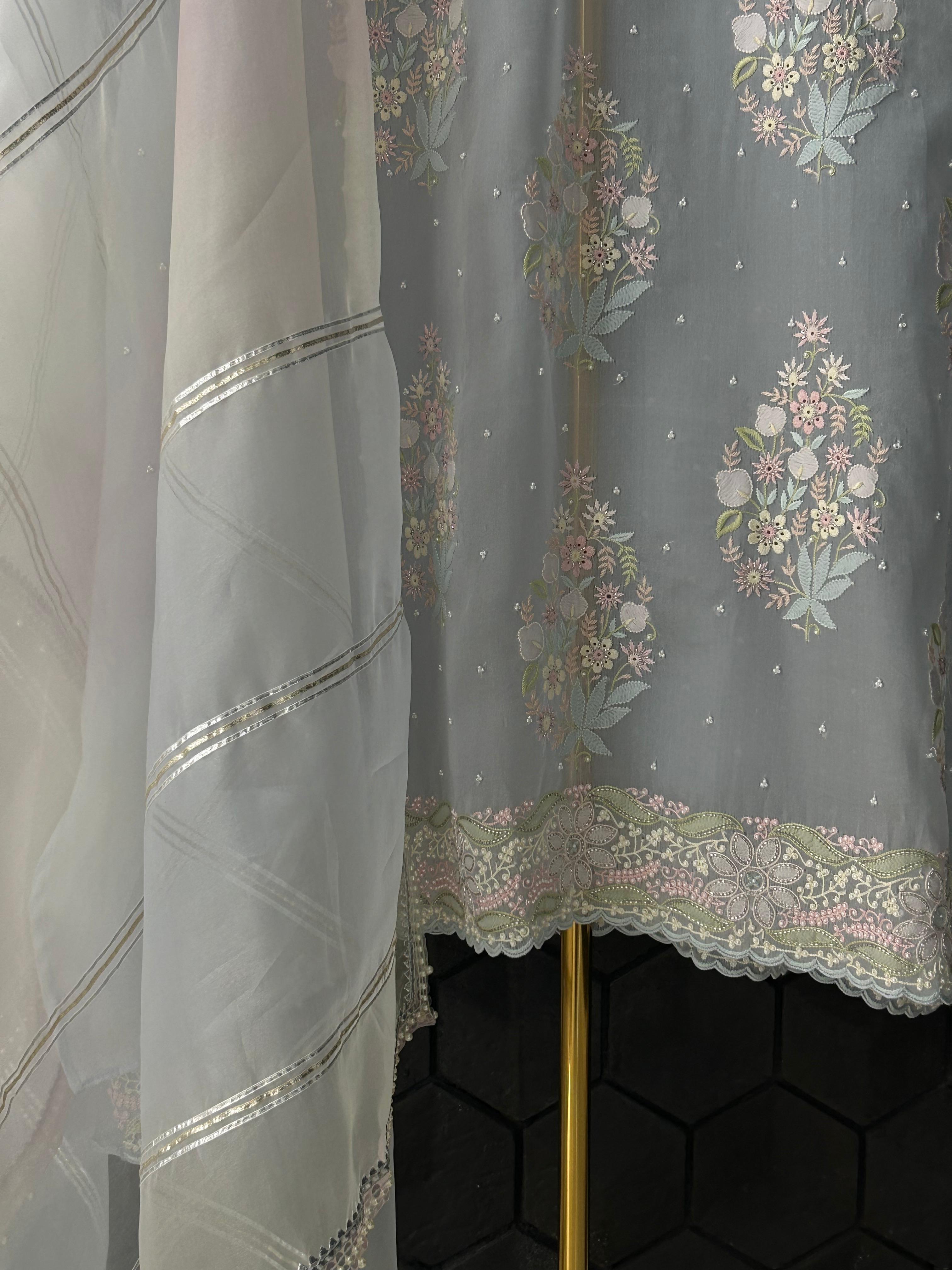 Sky Blue Organza Chikankari Kurta Set