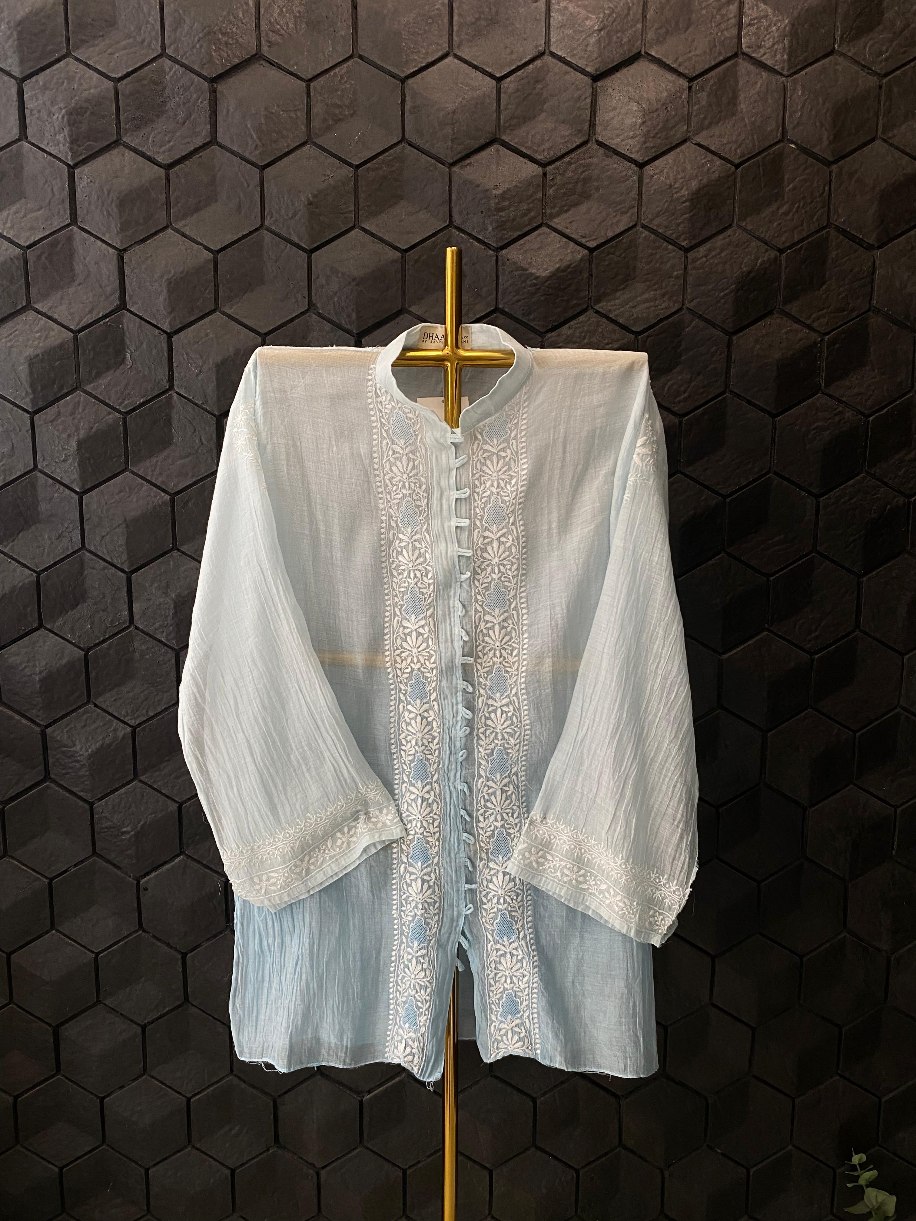Sky Blue Mul Chanderi Chikankari Shirt
