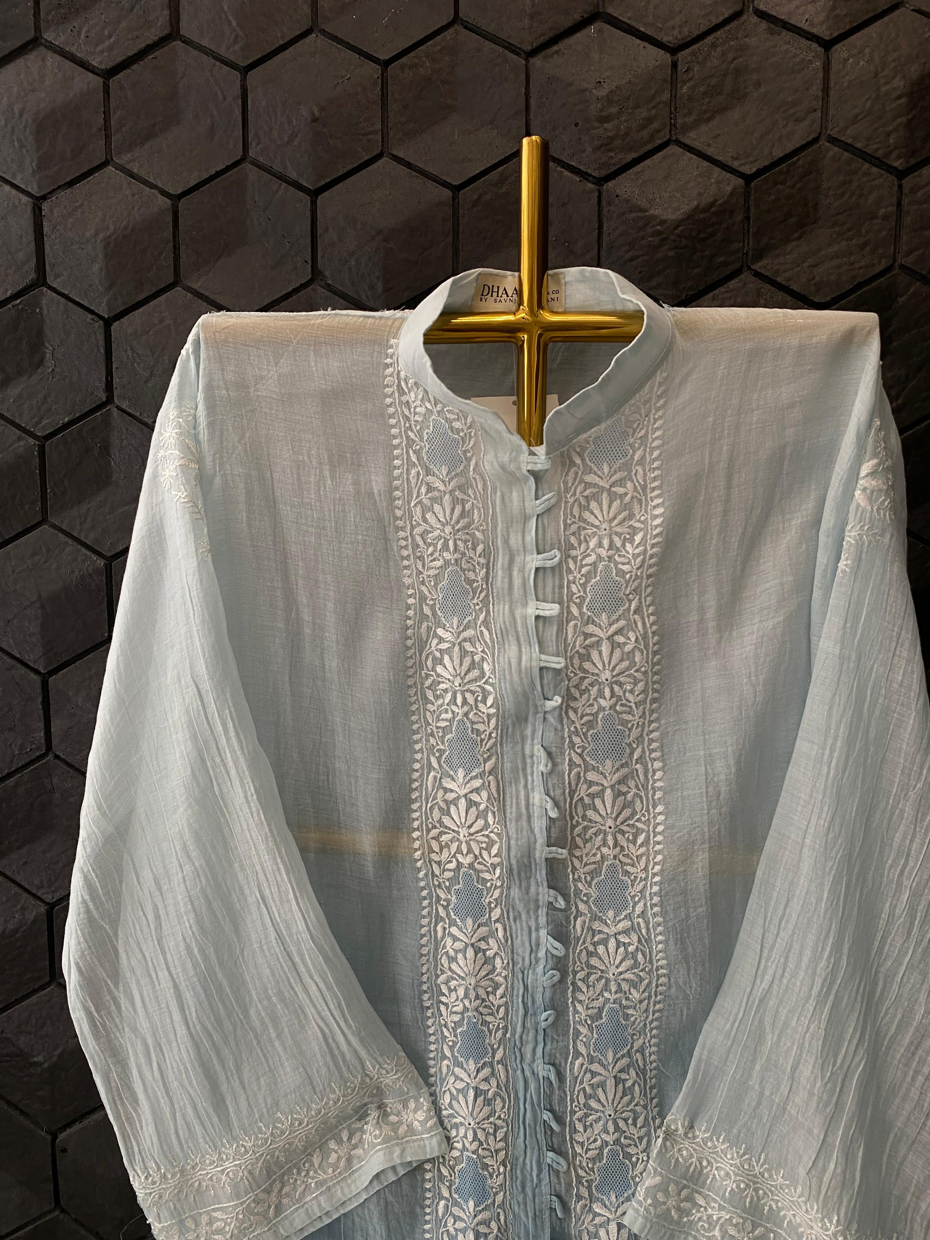 Sky Blue Mul Chanderi Chikankari Shirt