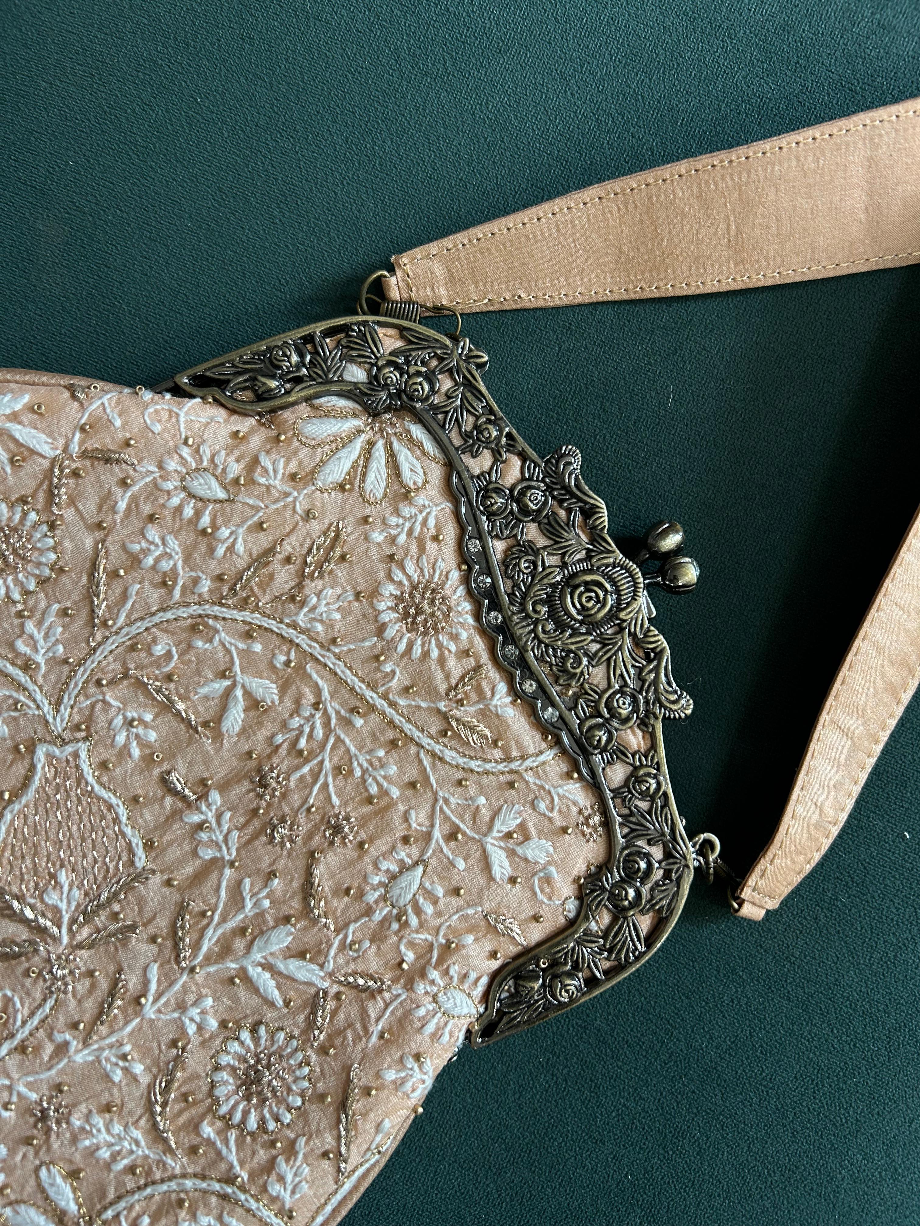 Peach Chanderi Chikankari Sling bag