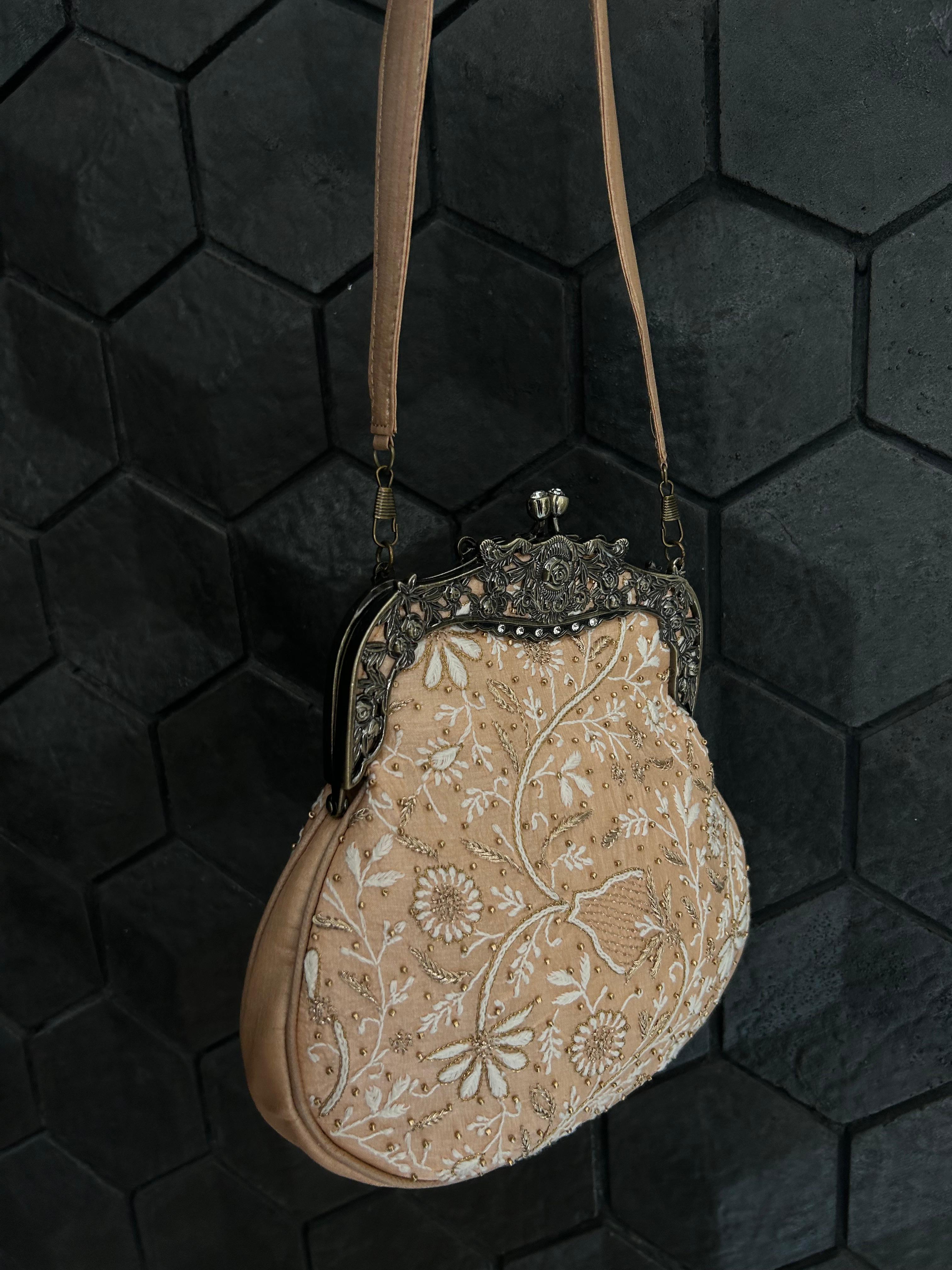 Peach Chanderi Chikankari Sling bag
