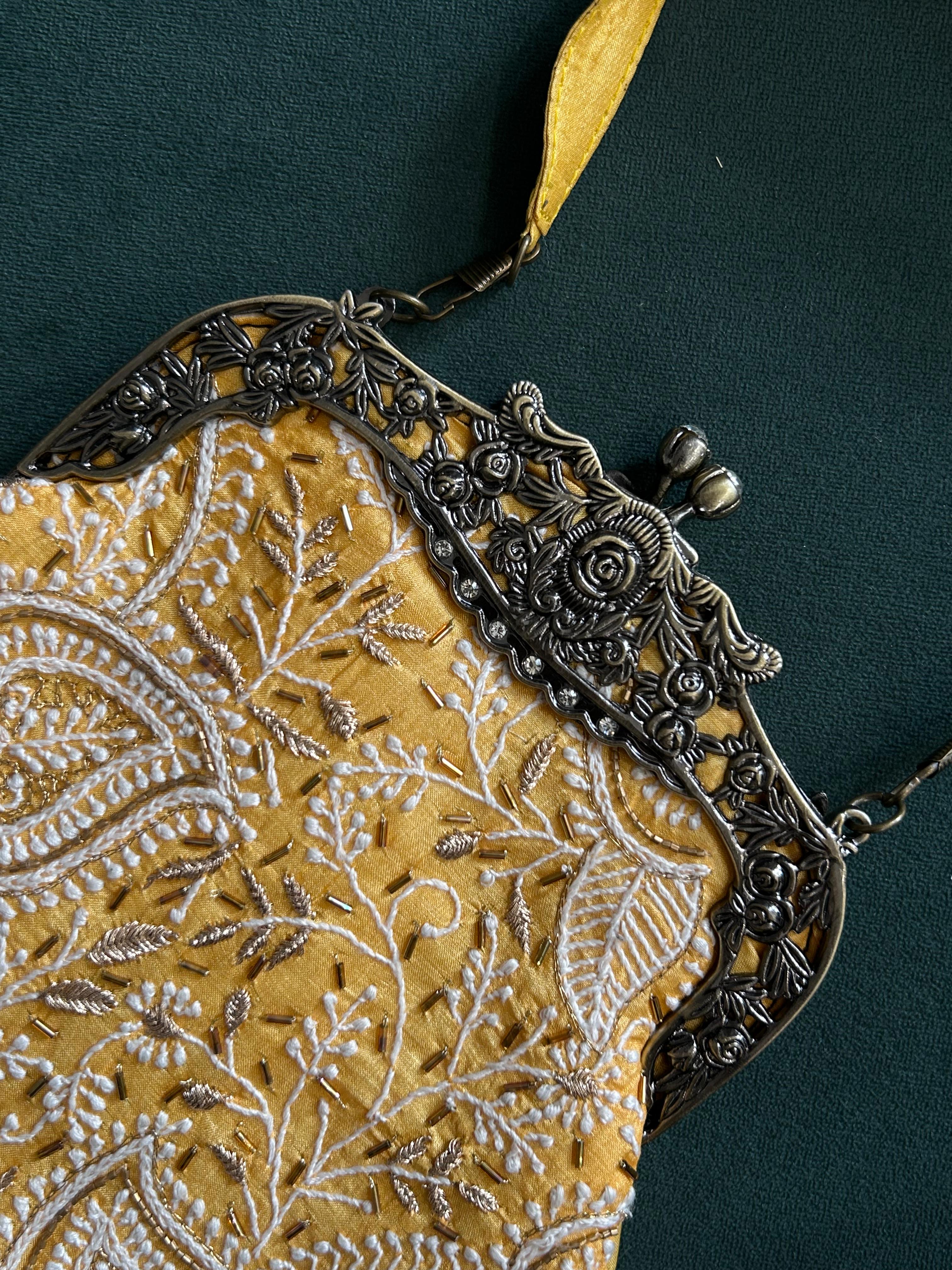 Yellow Chanderi Chikankari Sling Bag