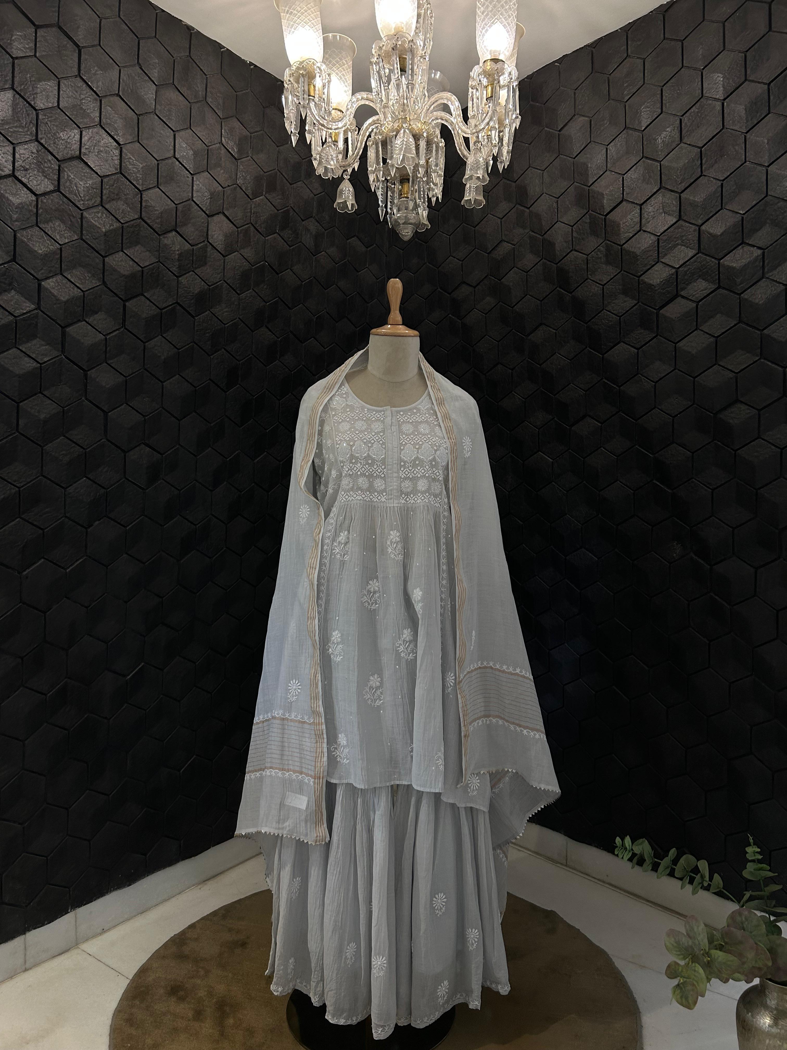 Grey Mul Chanderi Chikankari Sharara Set