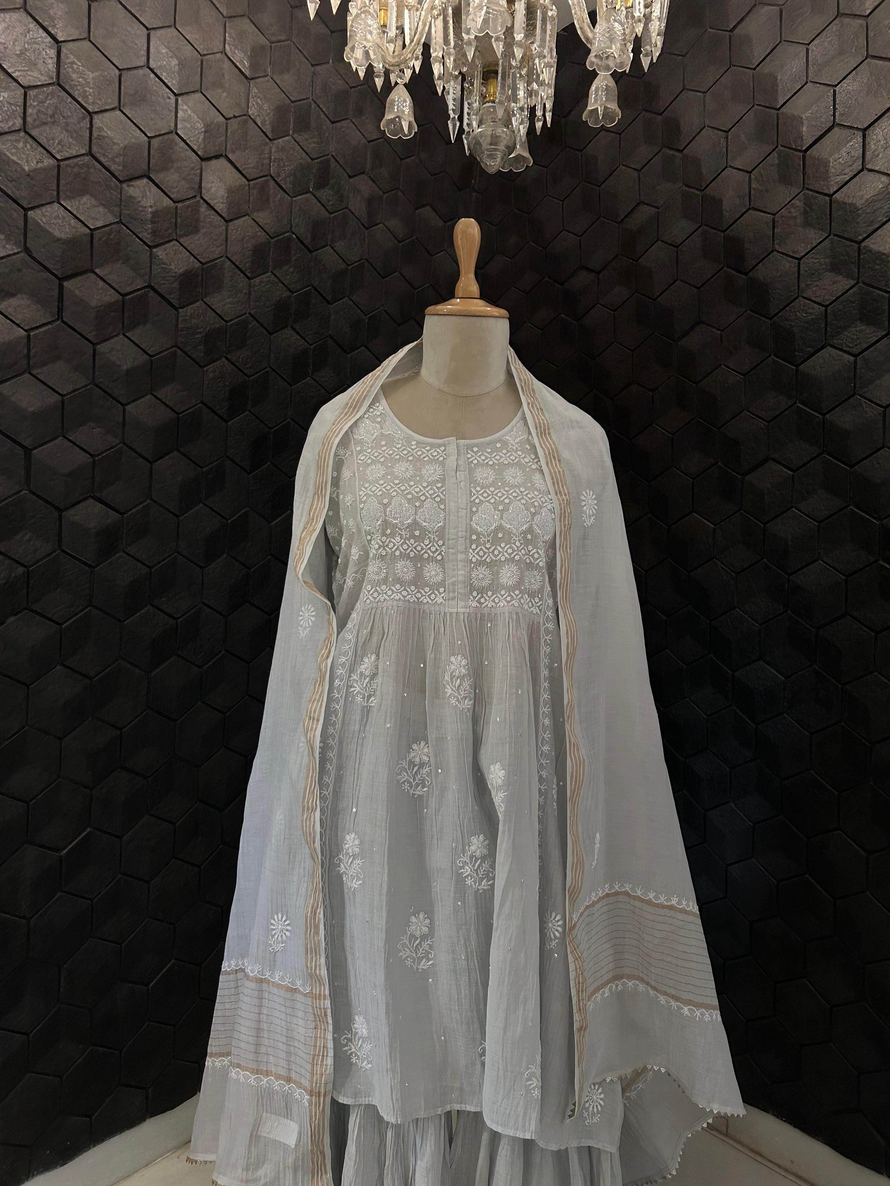 Grey Mul Chanderi Chikankari Sharara Set