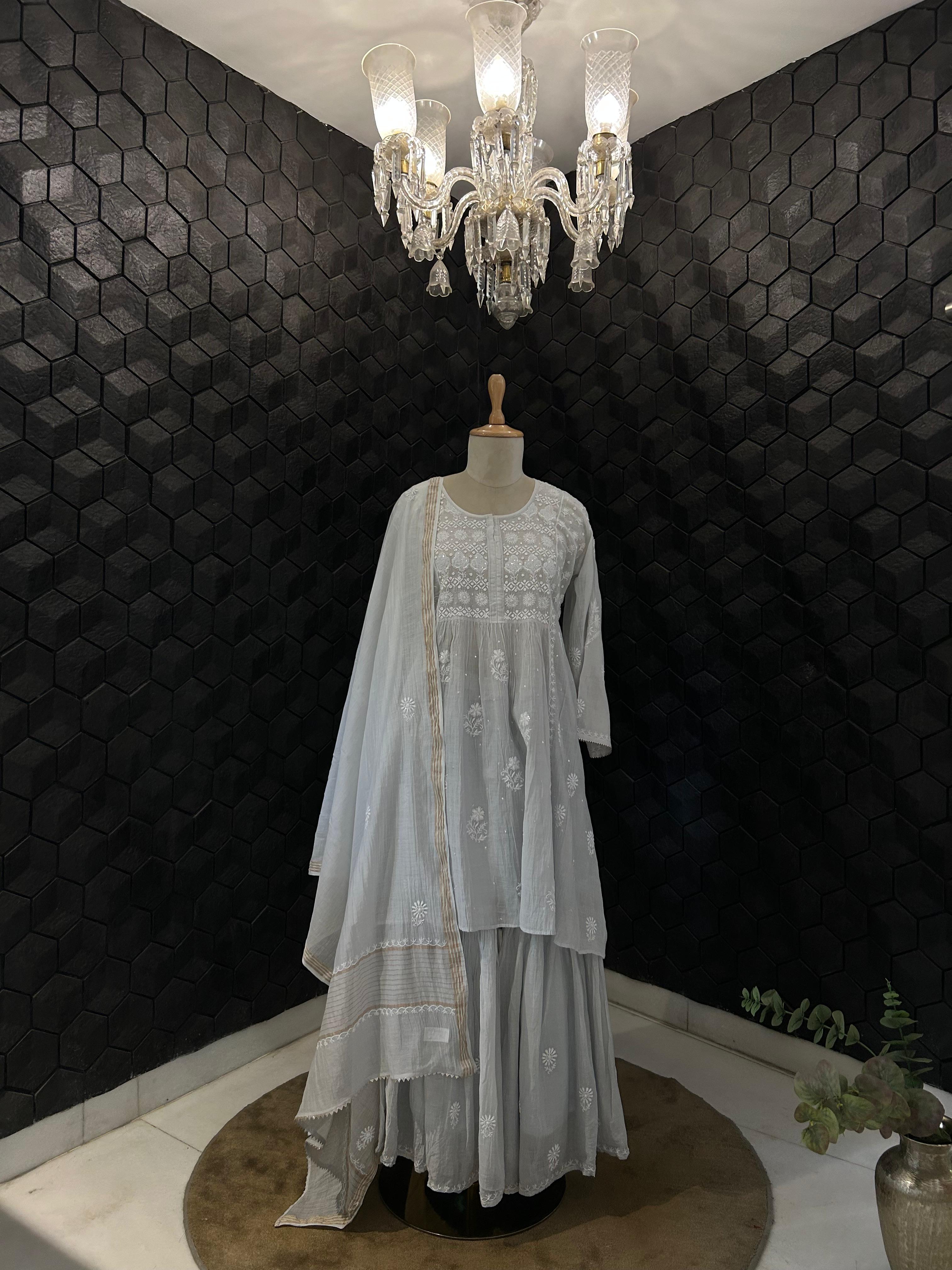 Grey Mul Chanderi Chikankari Sharara Set