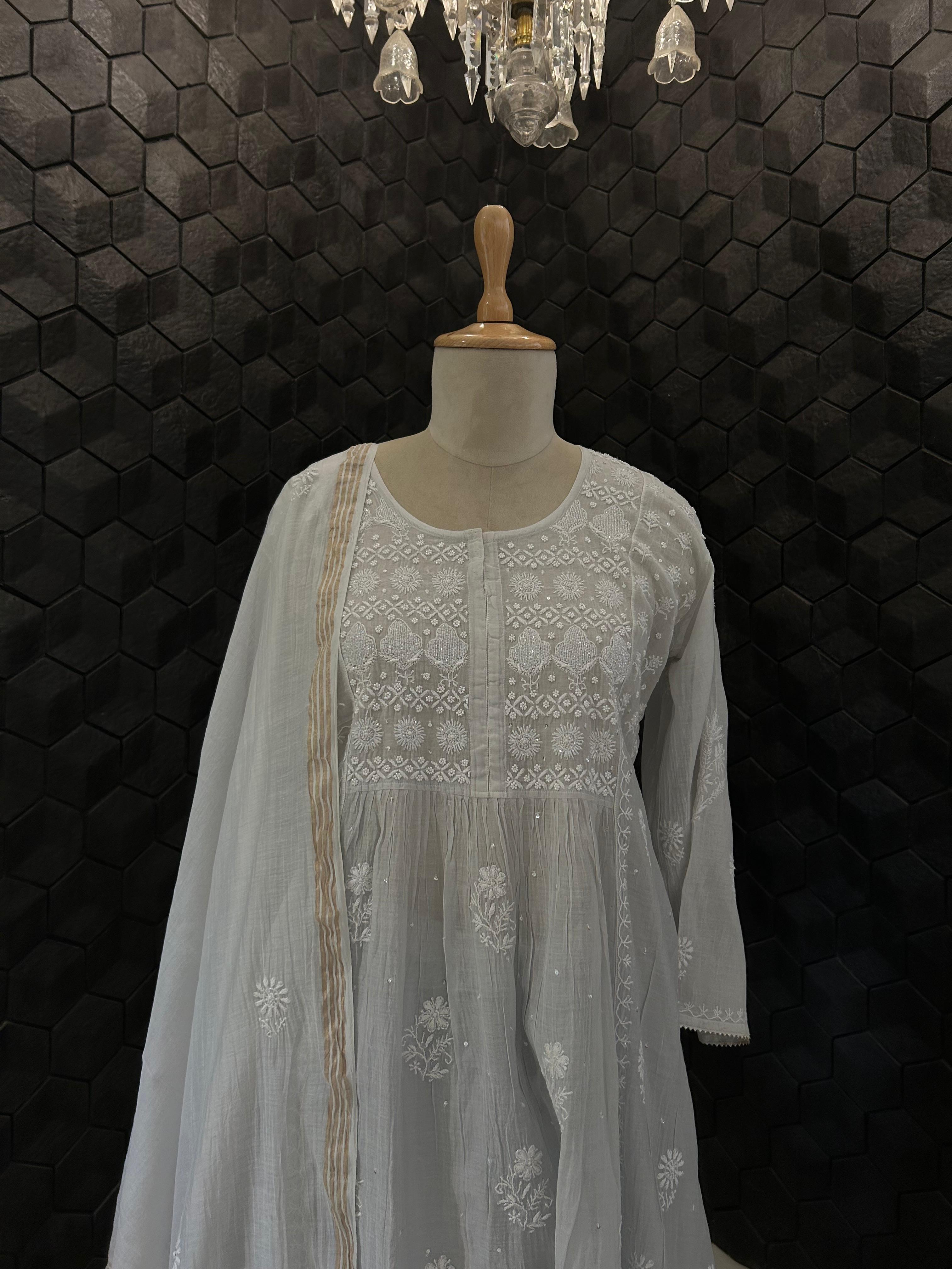 Grey Mul Chanderi Chikankari Sharara Set