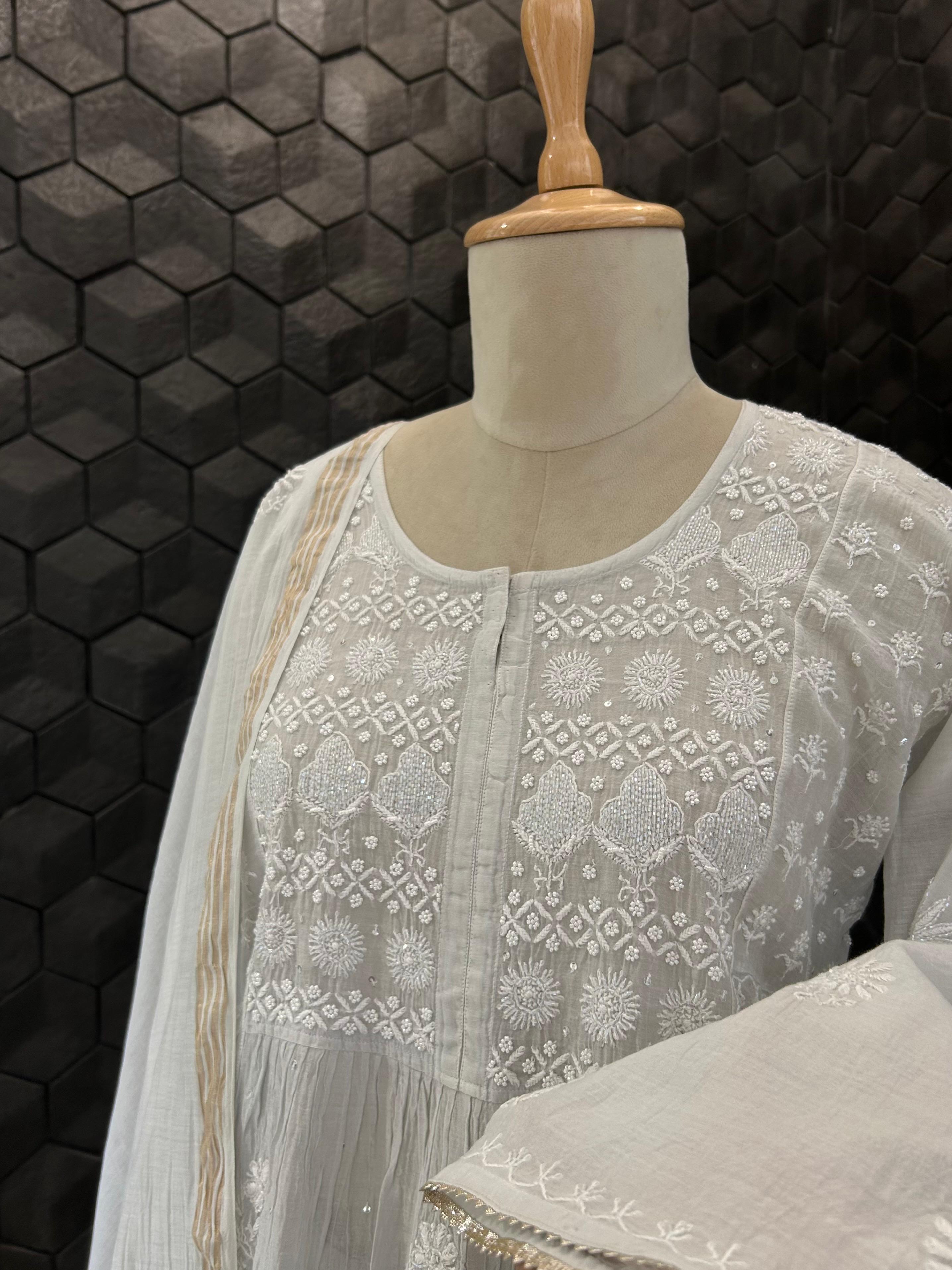 Grey Mul Chanderi Chikankari Sharara Set