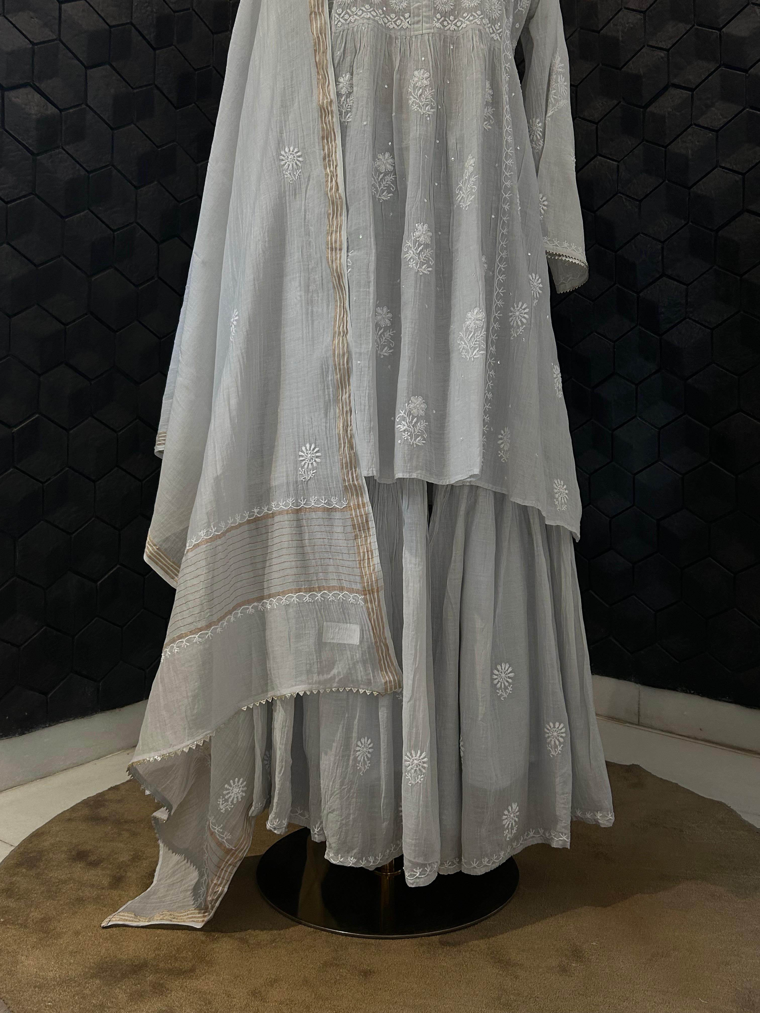 Grey Mul Chanderi Chikankari Sharara Set